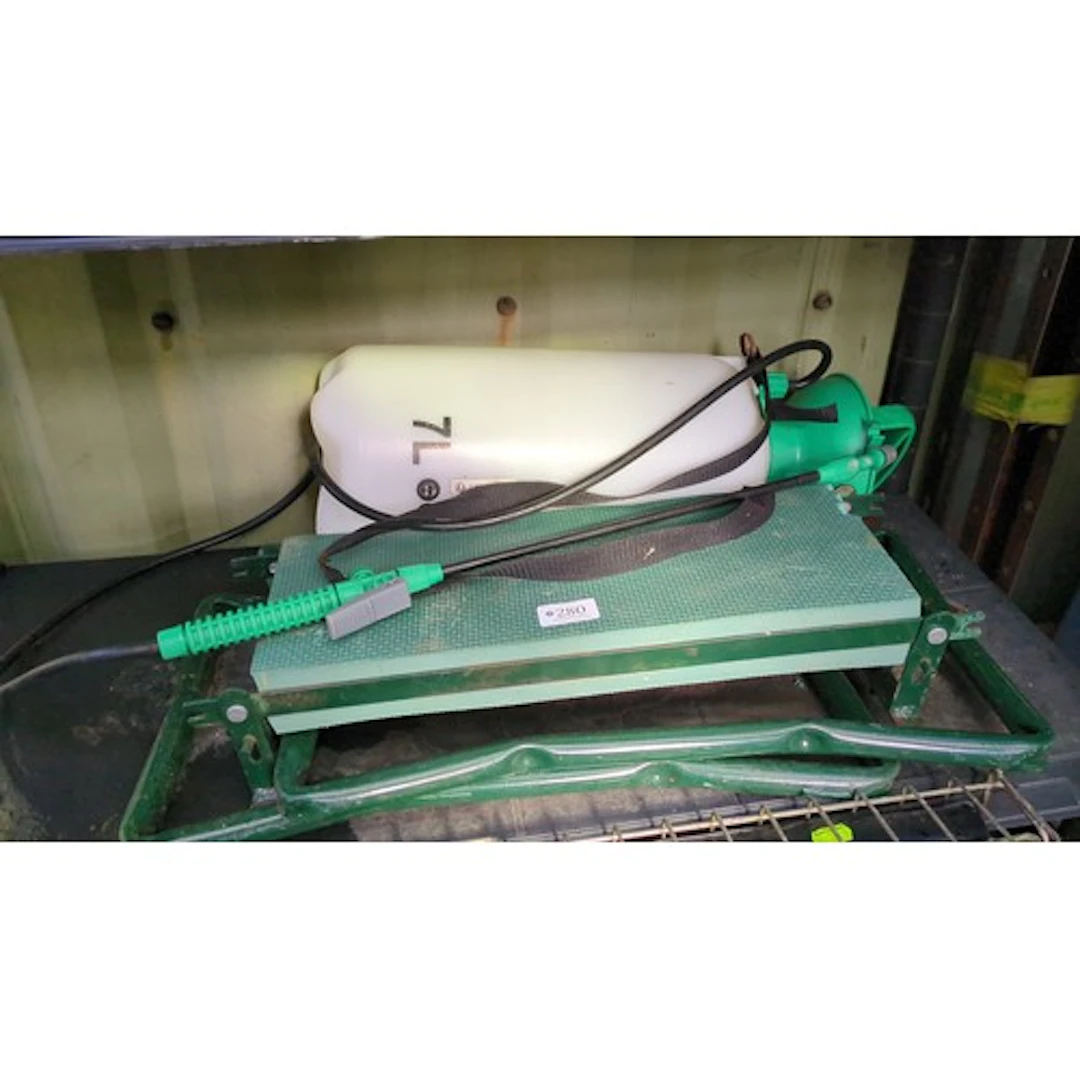 Garden pressure sprayer with a folding garden kneeler.