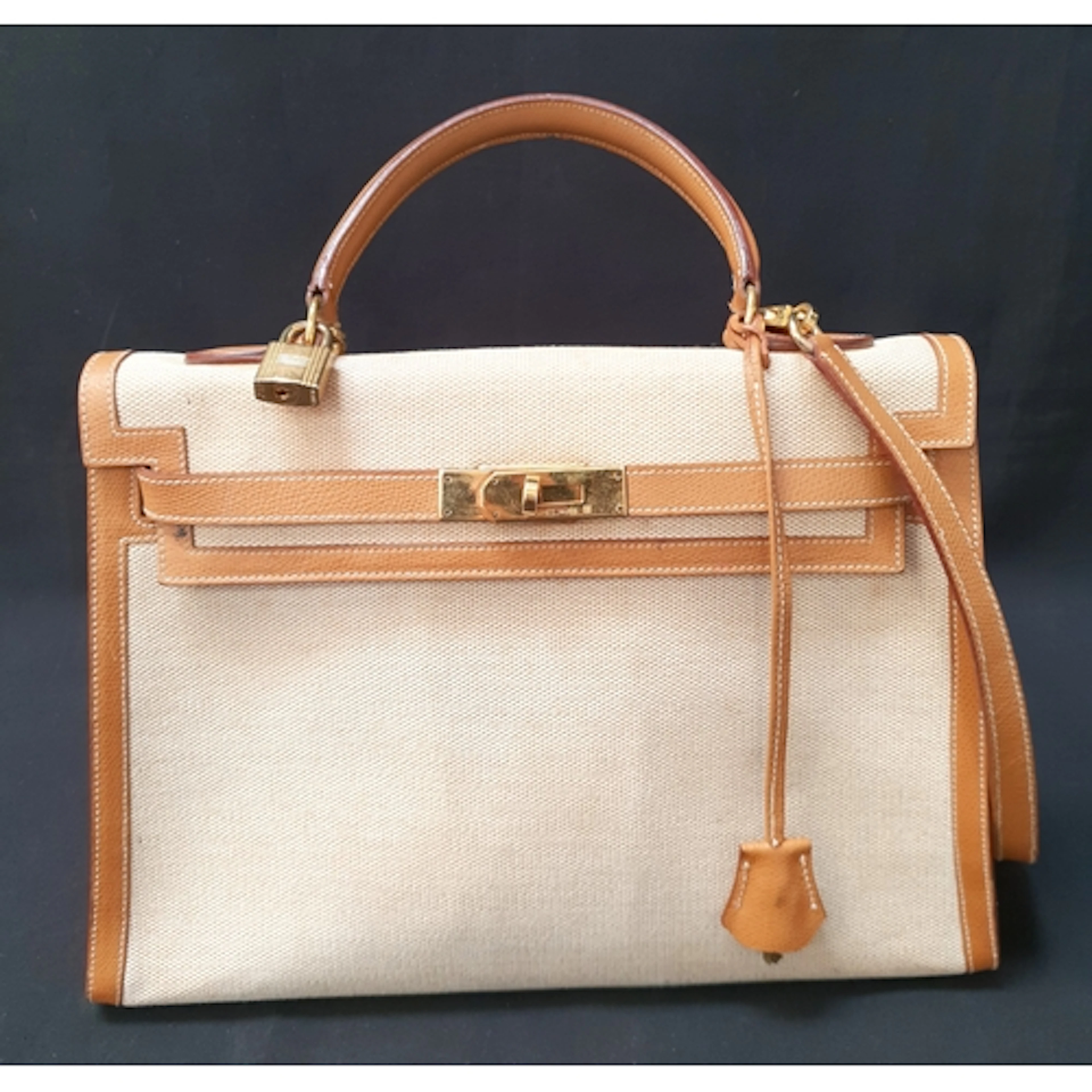 VINTAGE HERMES KELLY 32 HANDBAG in canvas with tan leather e...