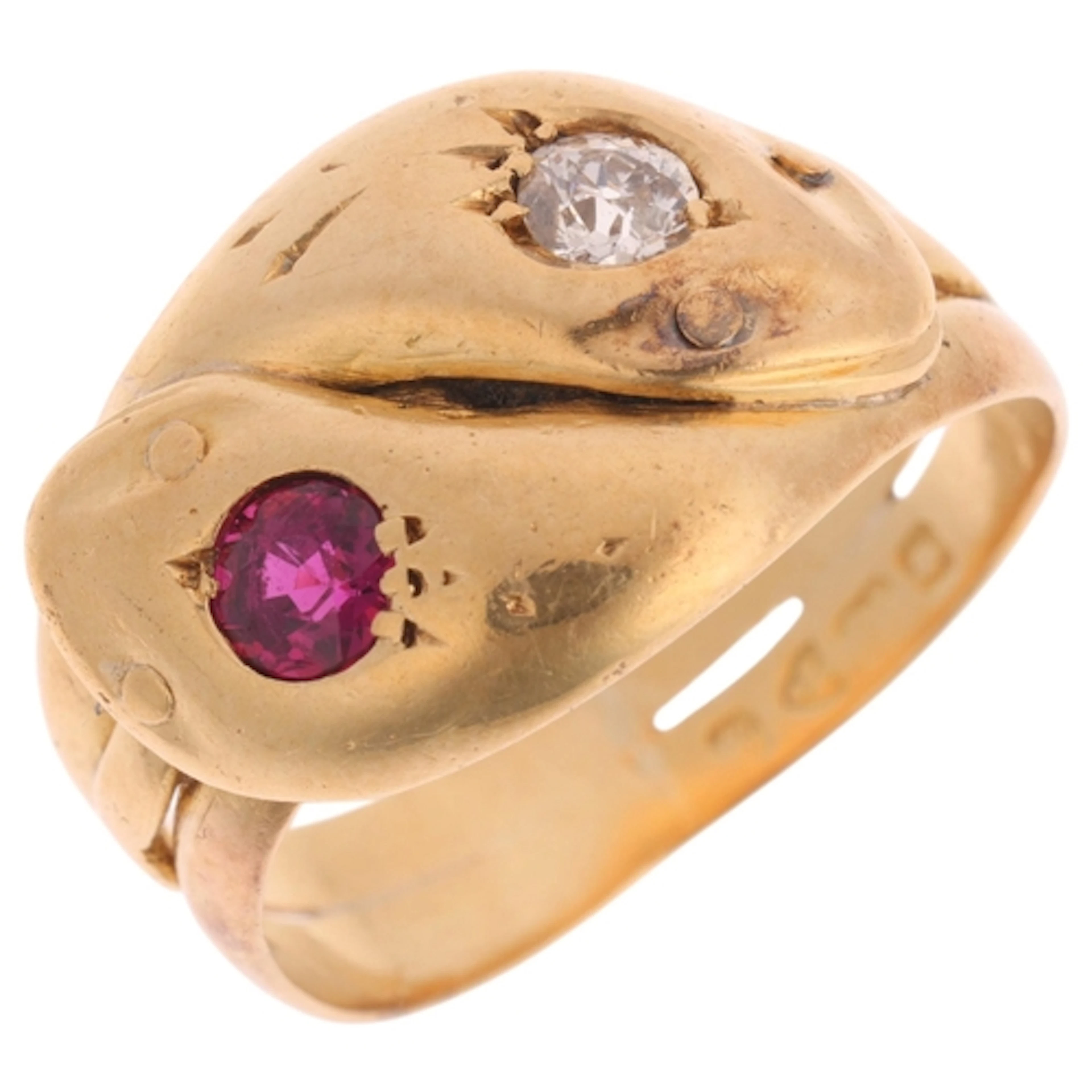 An Antique 18ct gold ruby and diamond double snake ring, Che...