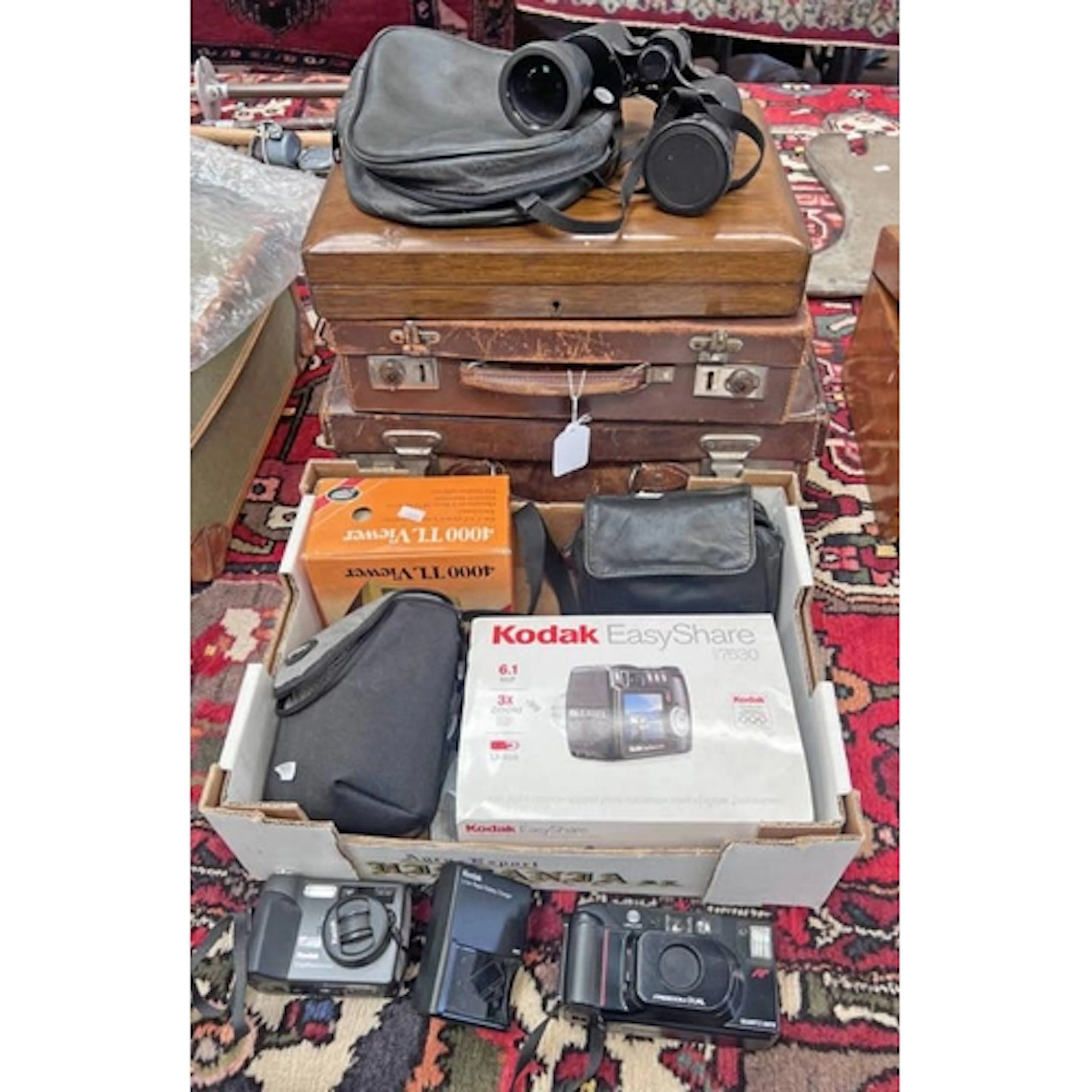 2 LEATHER SUITCASES, KNIFE BOX, PAIR OF VIKING 9.5 X 44 BINO...