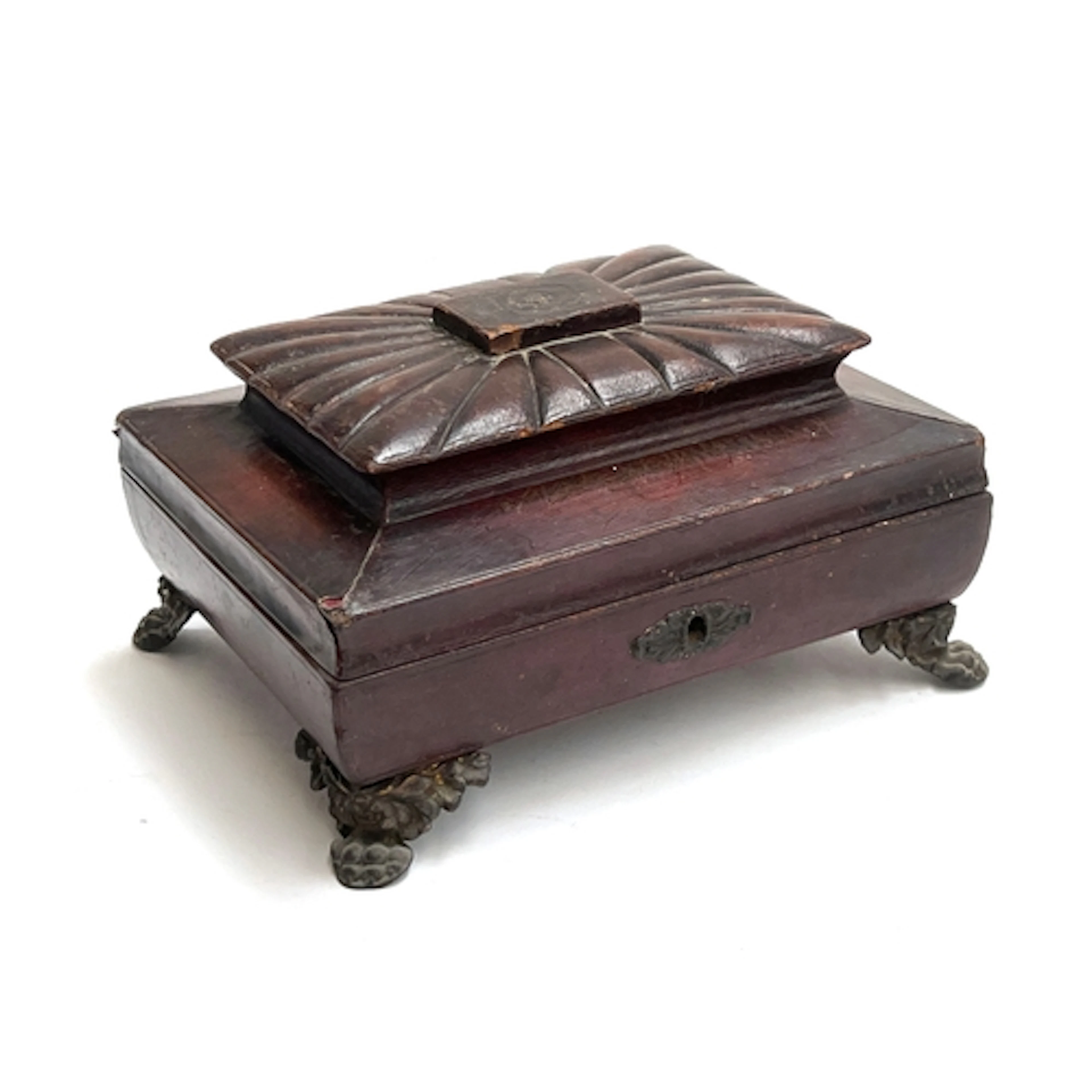 A leather clad tablet top Victorian jewellery box surmounted...