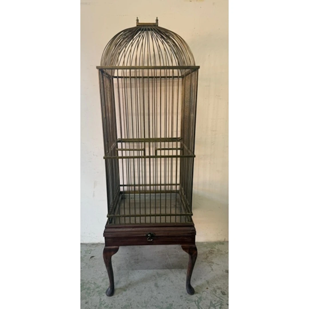 A domed brass bird cage on a mahogany single drawer stand. H...