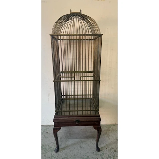 A domed brass bird cage on a mahogany single drawer stand. H...