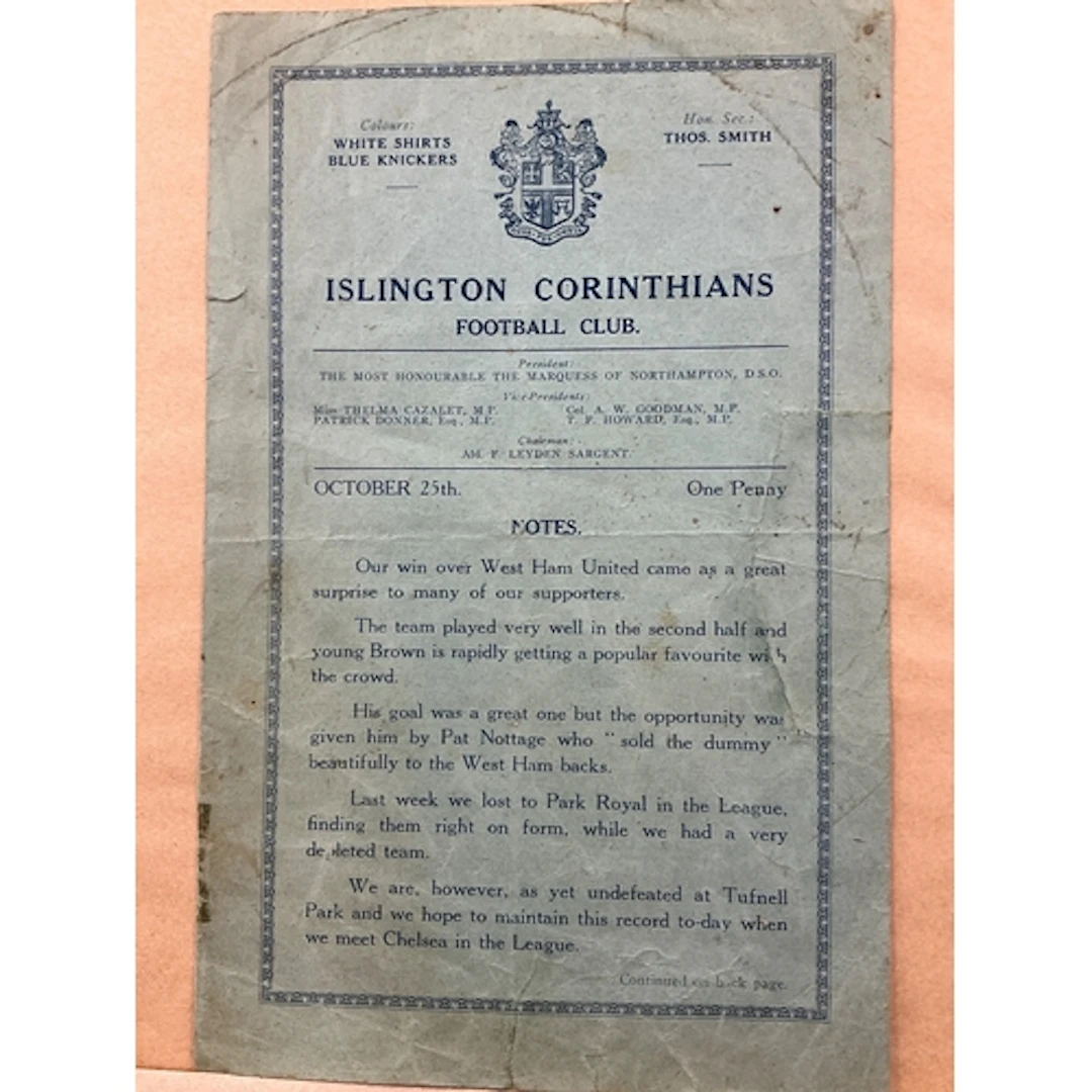 1934 - 1935 Islington Corinthians v Chelsea Football Program...