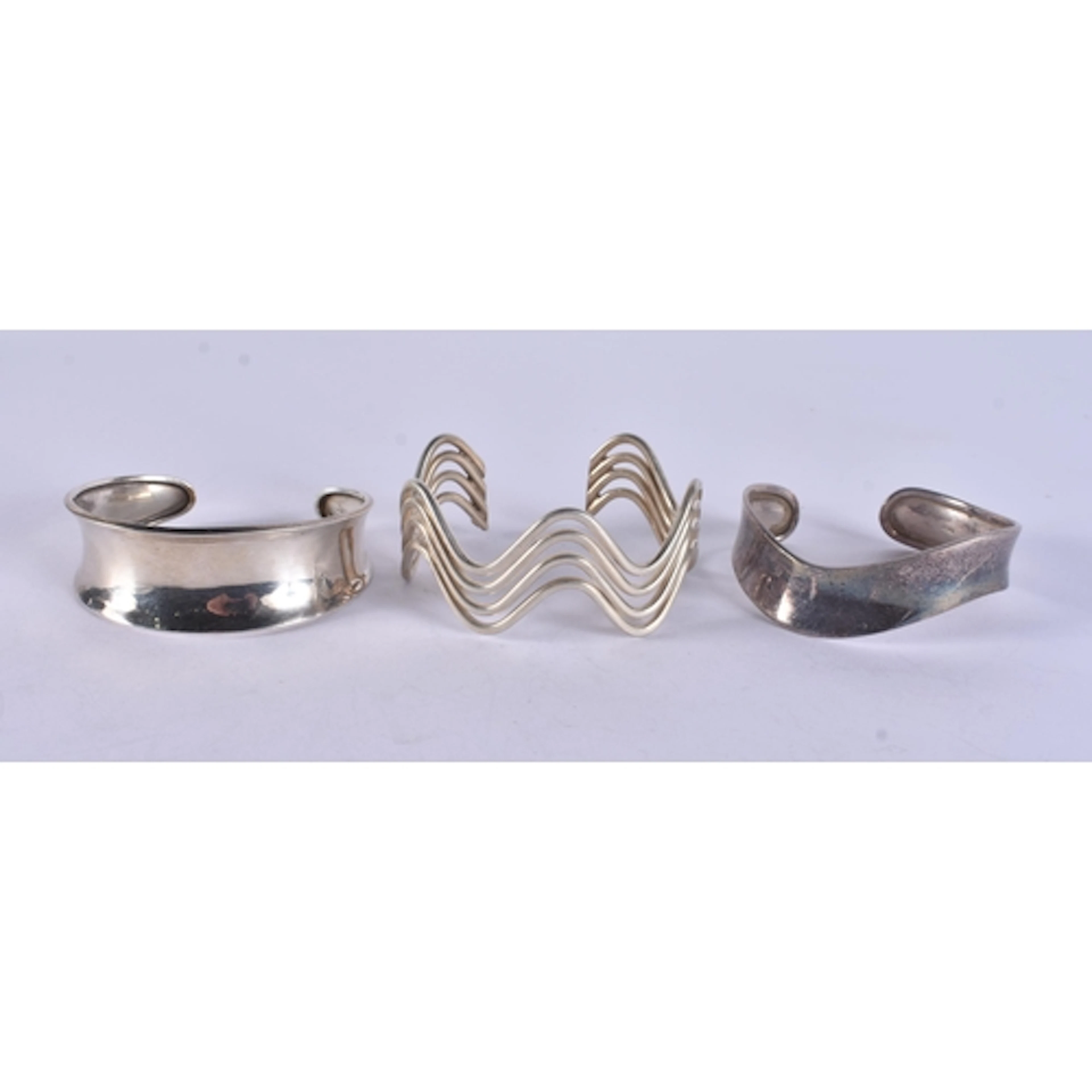 Three Sterling Silver Cuff Bangles inc. Modernist, Wave, Min...