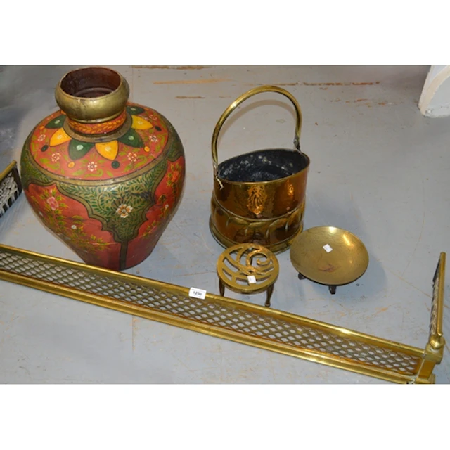 Edwardian brass fireplace fender, brass coal scuttle and tri...