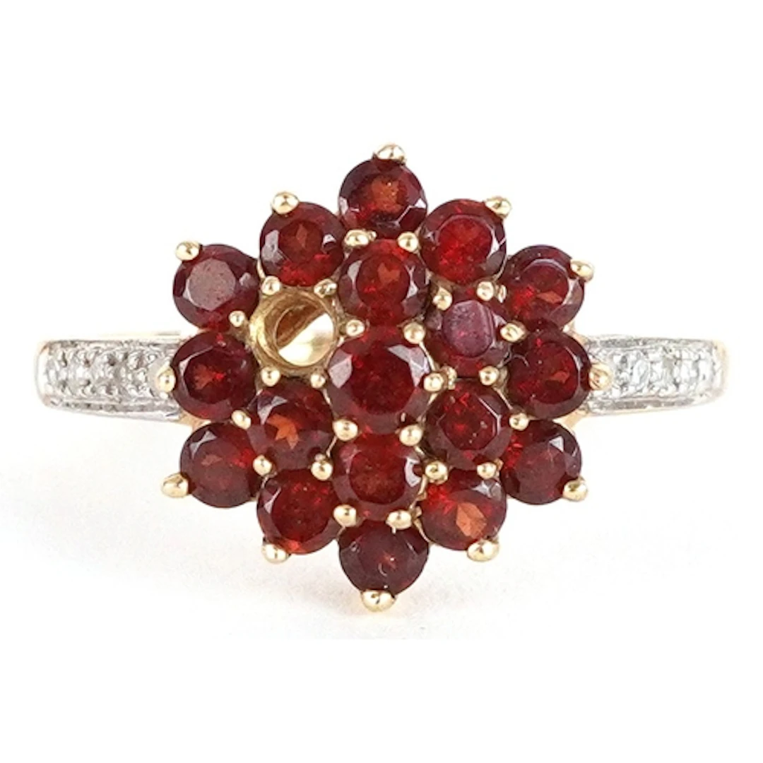 9ct gold garnet three tier cluster ring with diamond set sho...
