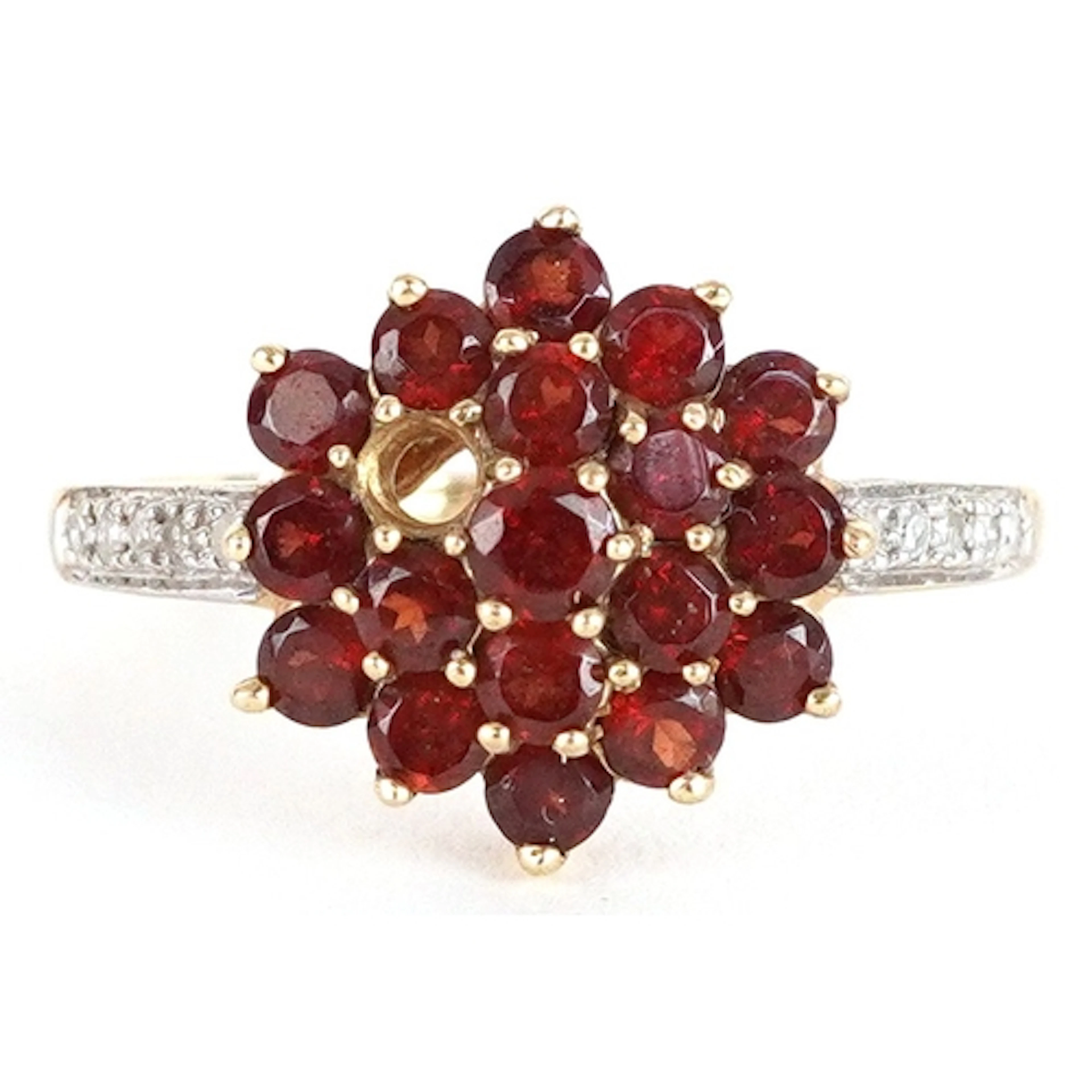 9ct gold garnet three tier cluster ring with diamond set sho...