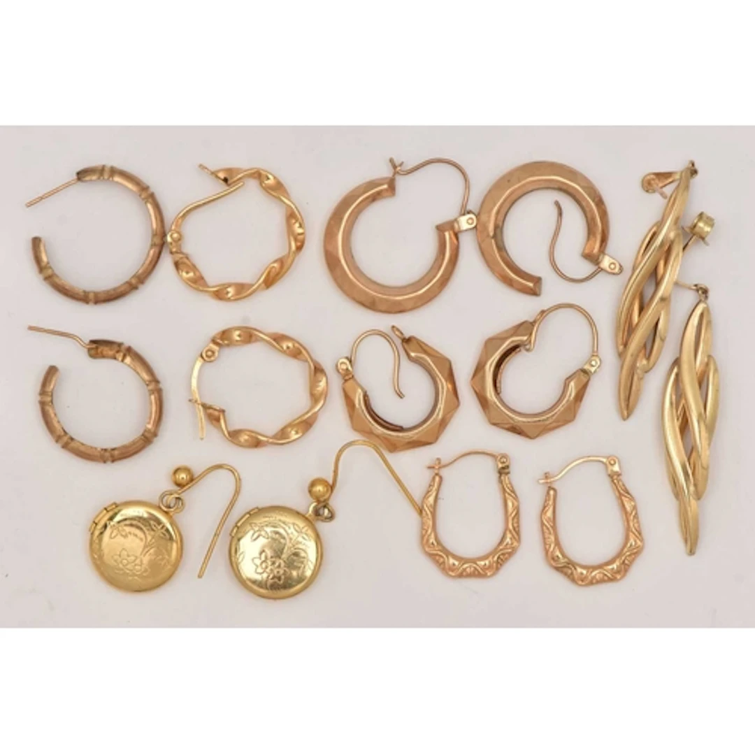 SEVEN PAIRS OF YELLOW METAL EARRINGS, to include a pair of r...