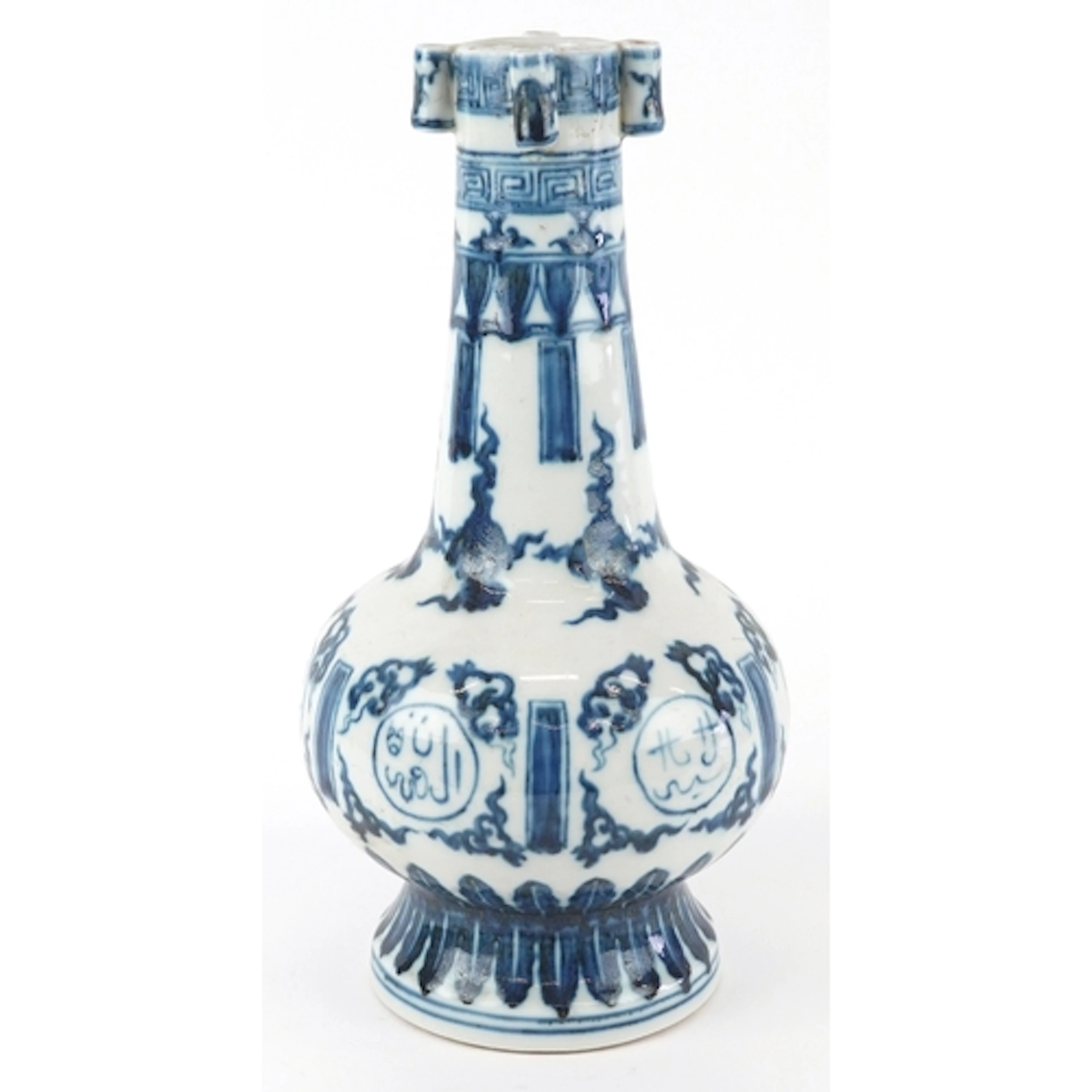 A Chinese blue and white porcelain bottleneck vase with ears...