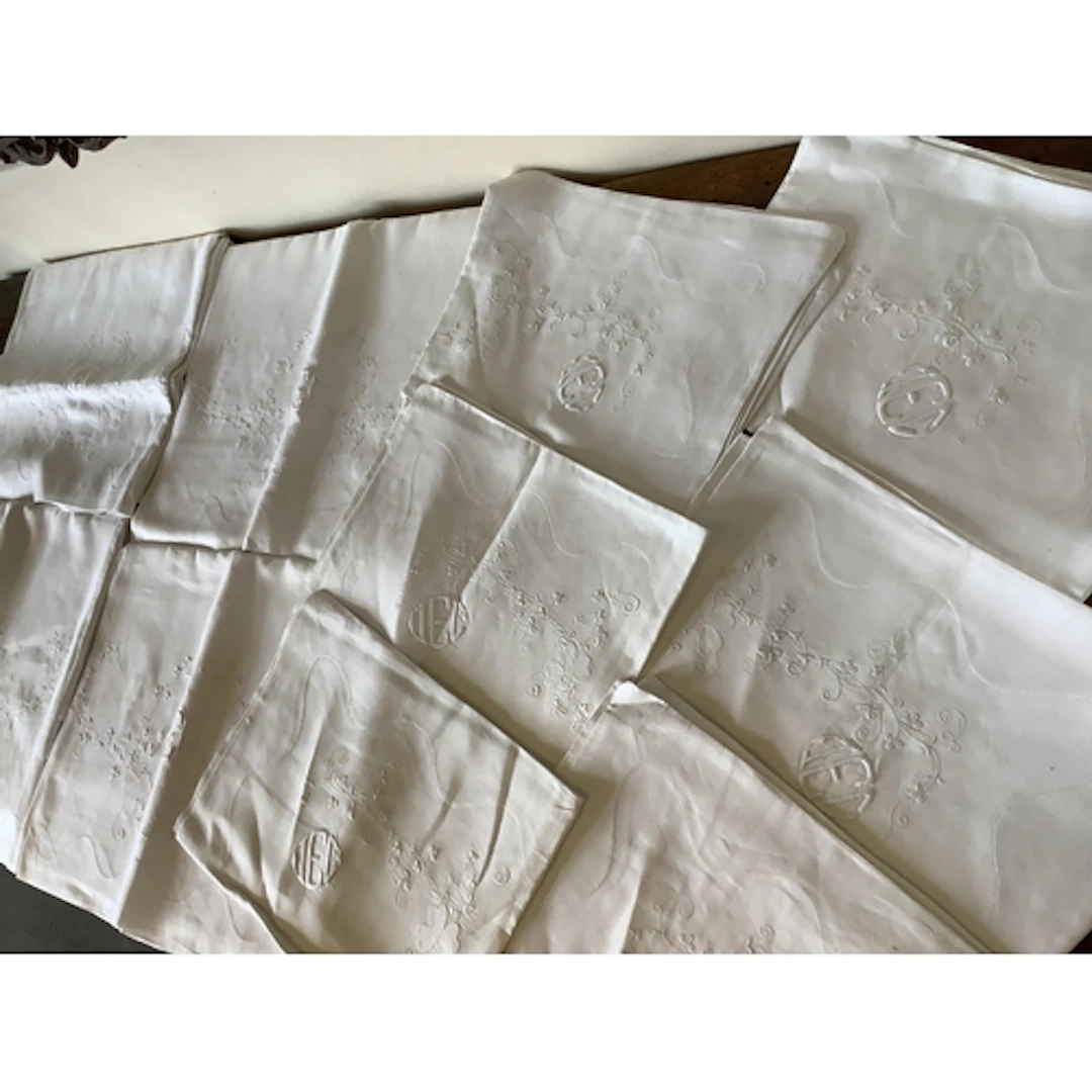 Four Irish embroidered double linen sheets monogrammed, appr...