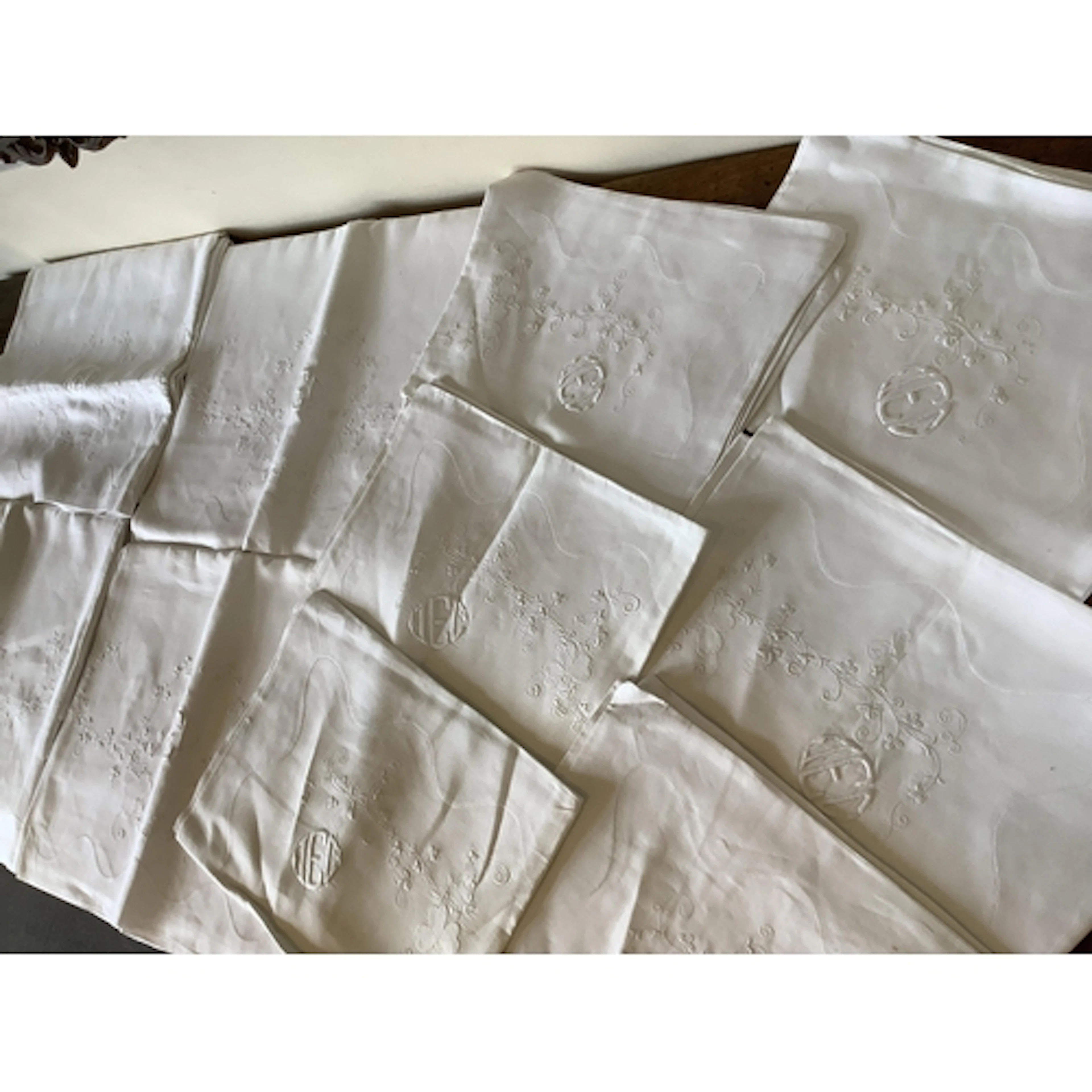 Four Irish embroidered double linen sheets monogrammed, appr...