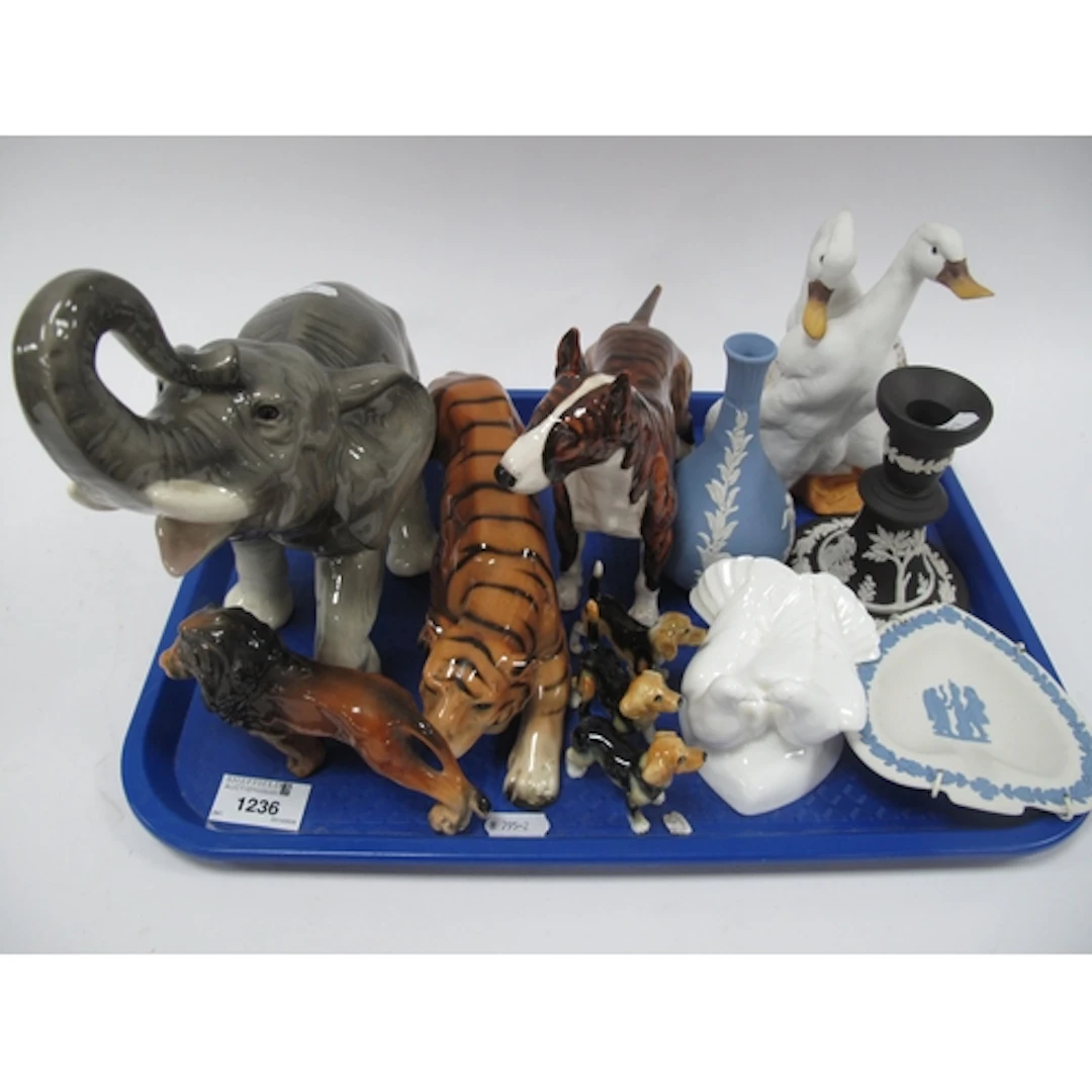 Ceramics and figures, including large German pottery elephan...