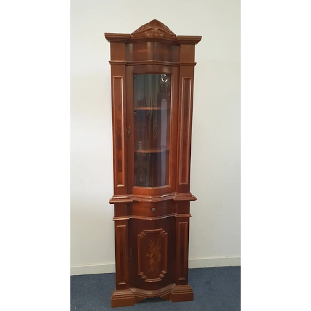 MAHOGANY CORNER CABINET the upper glazed cupboard door above...