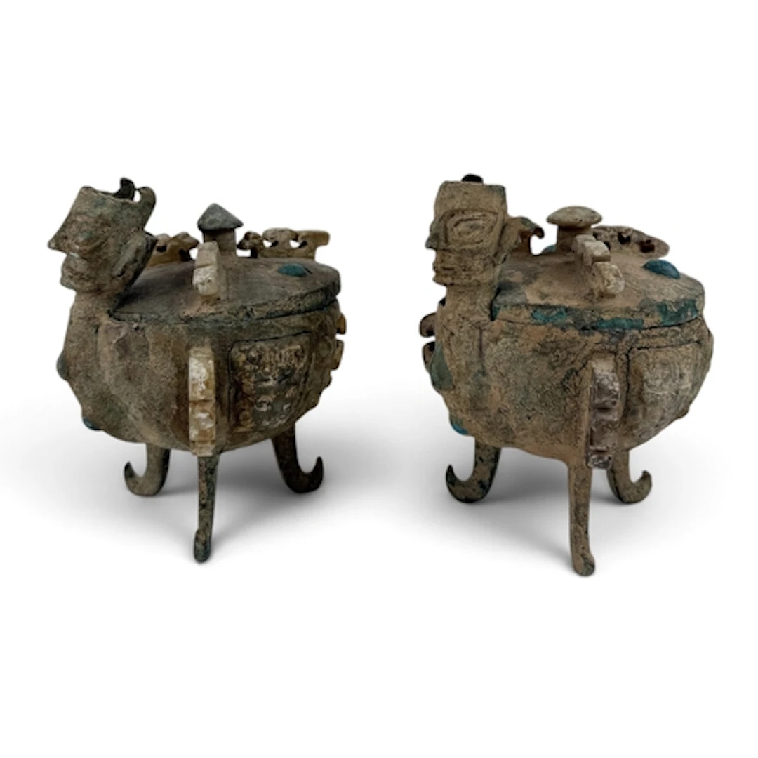 TWO CHINESE ARCHAIC STYLE BRONZE AND JADE VESSELS WITH TURQU...