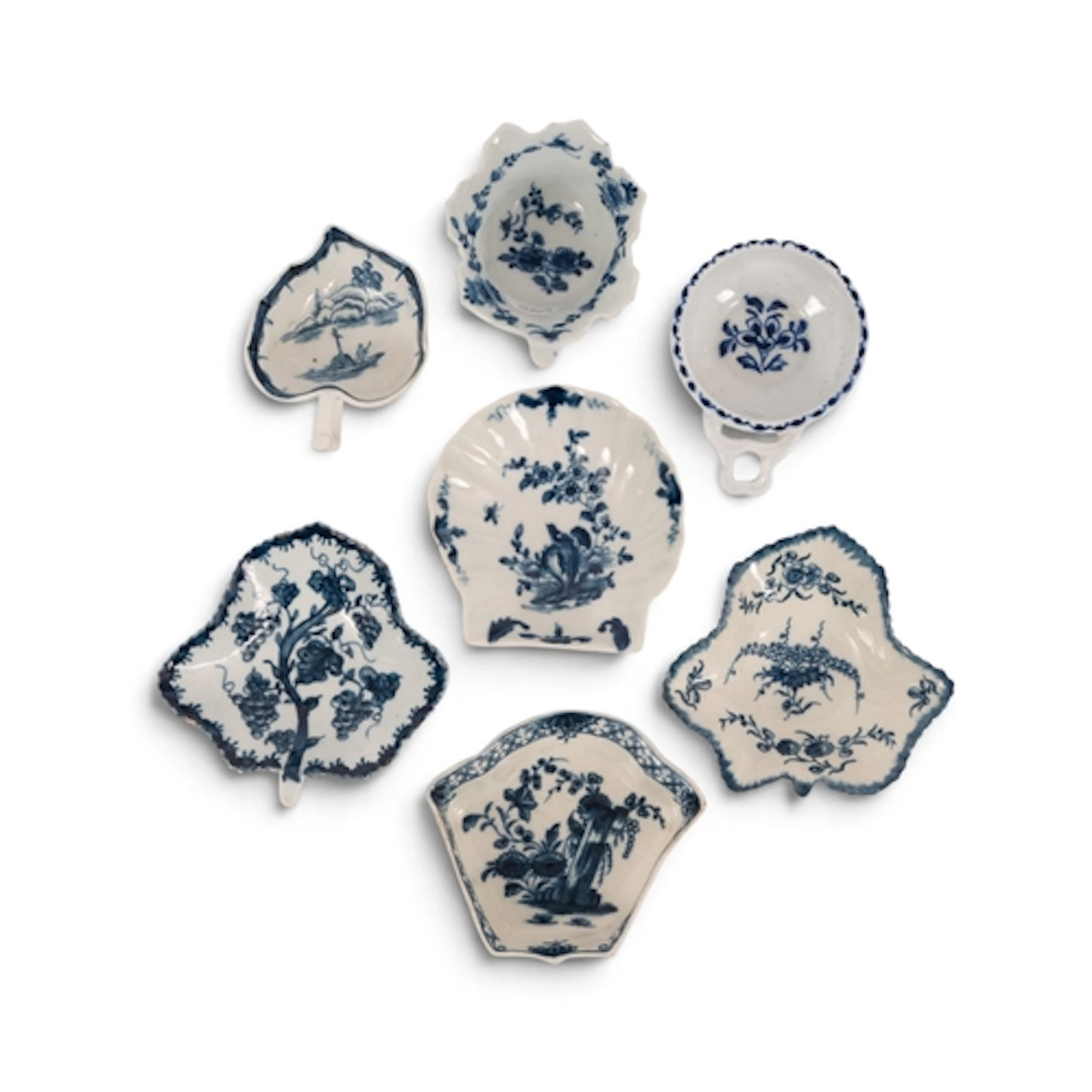 Three English porcelain blue and white pickle dishes, 2nd ha...