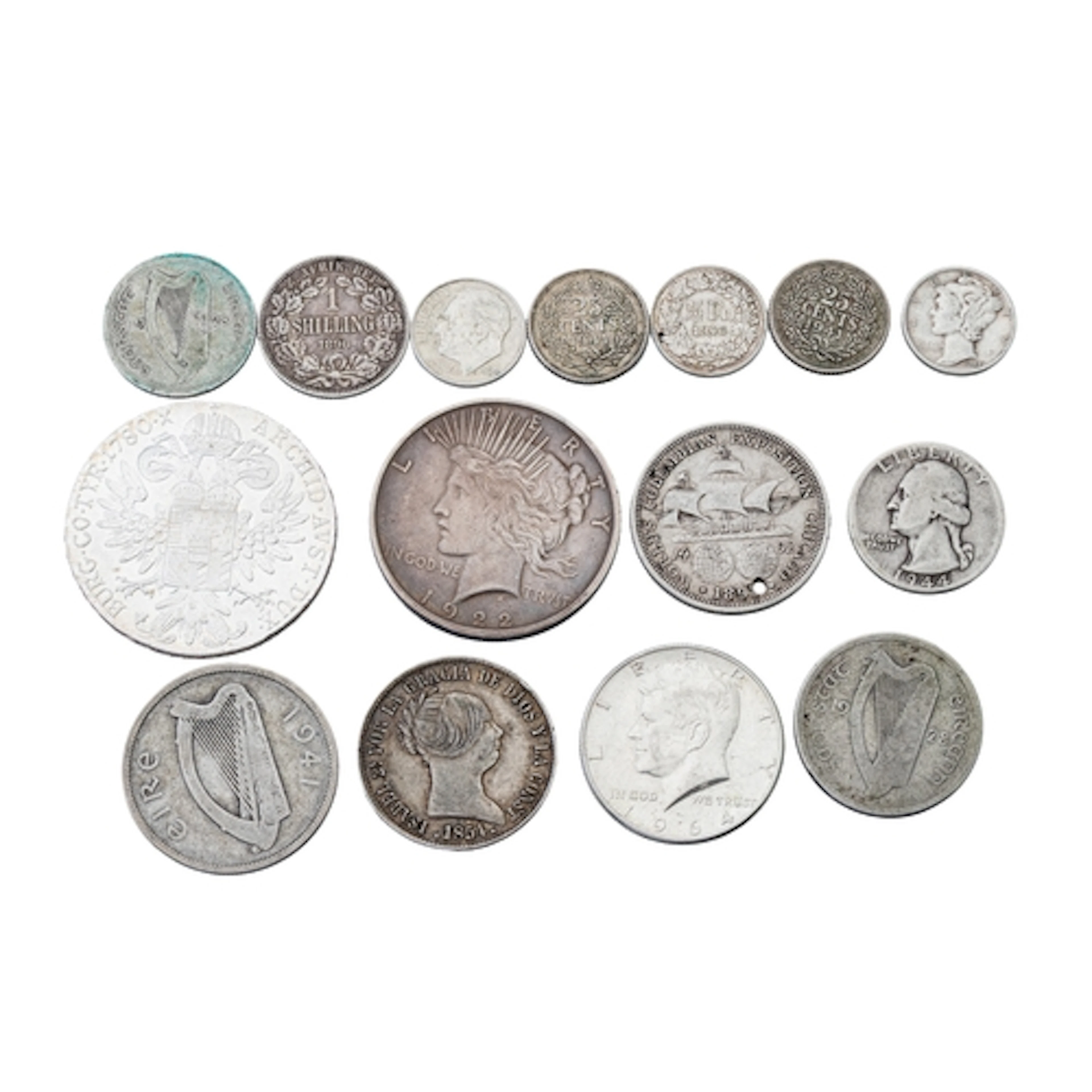 A COLLECTION OF 75% TO 90% AMERICAN, IRISH & AUSTRIAN SILVER...