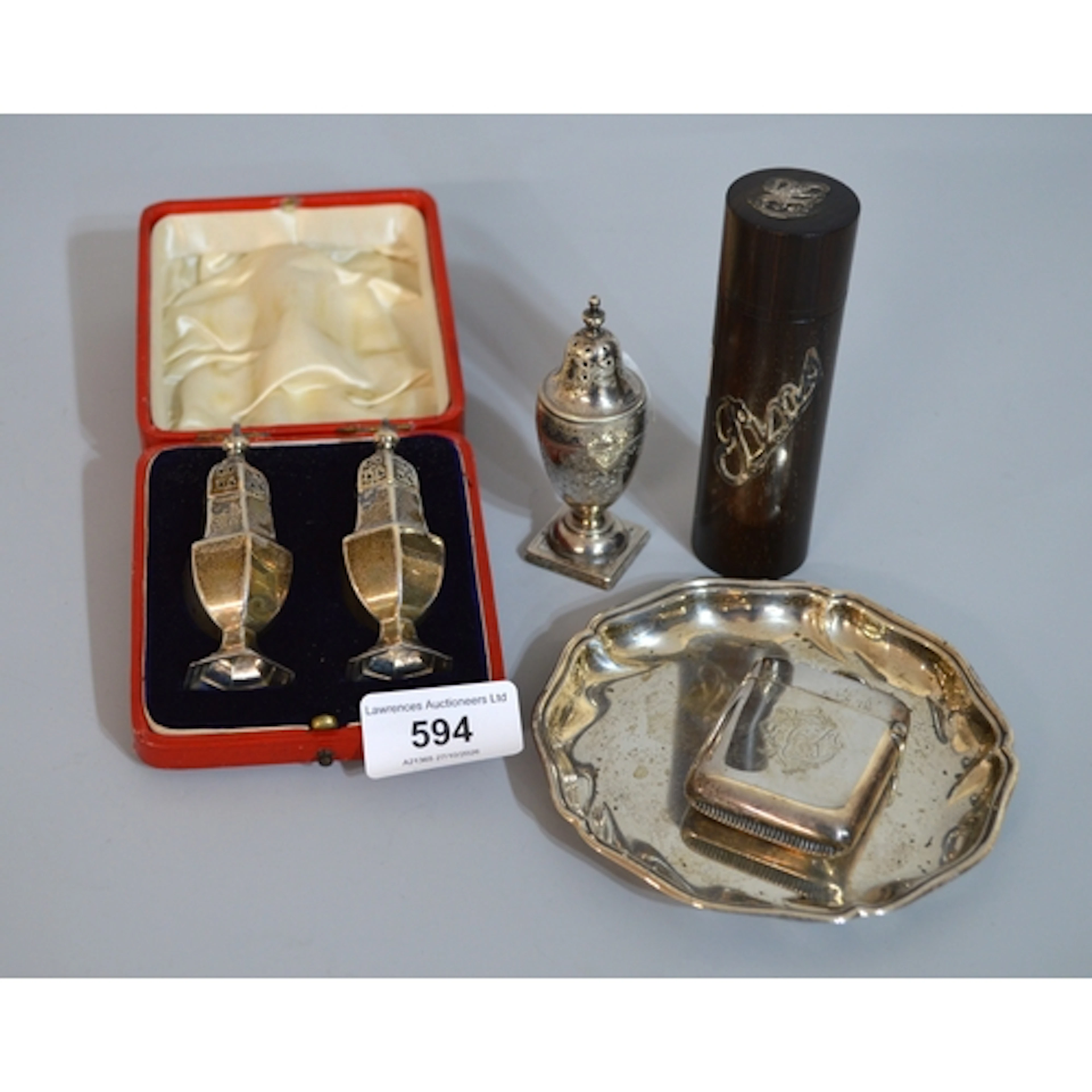 Cased pair of silver condiments, trinket dish, vesta case an...