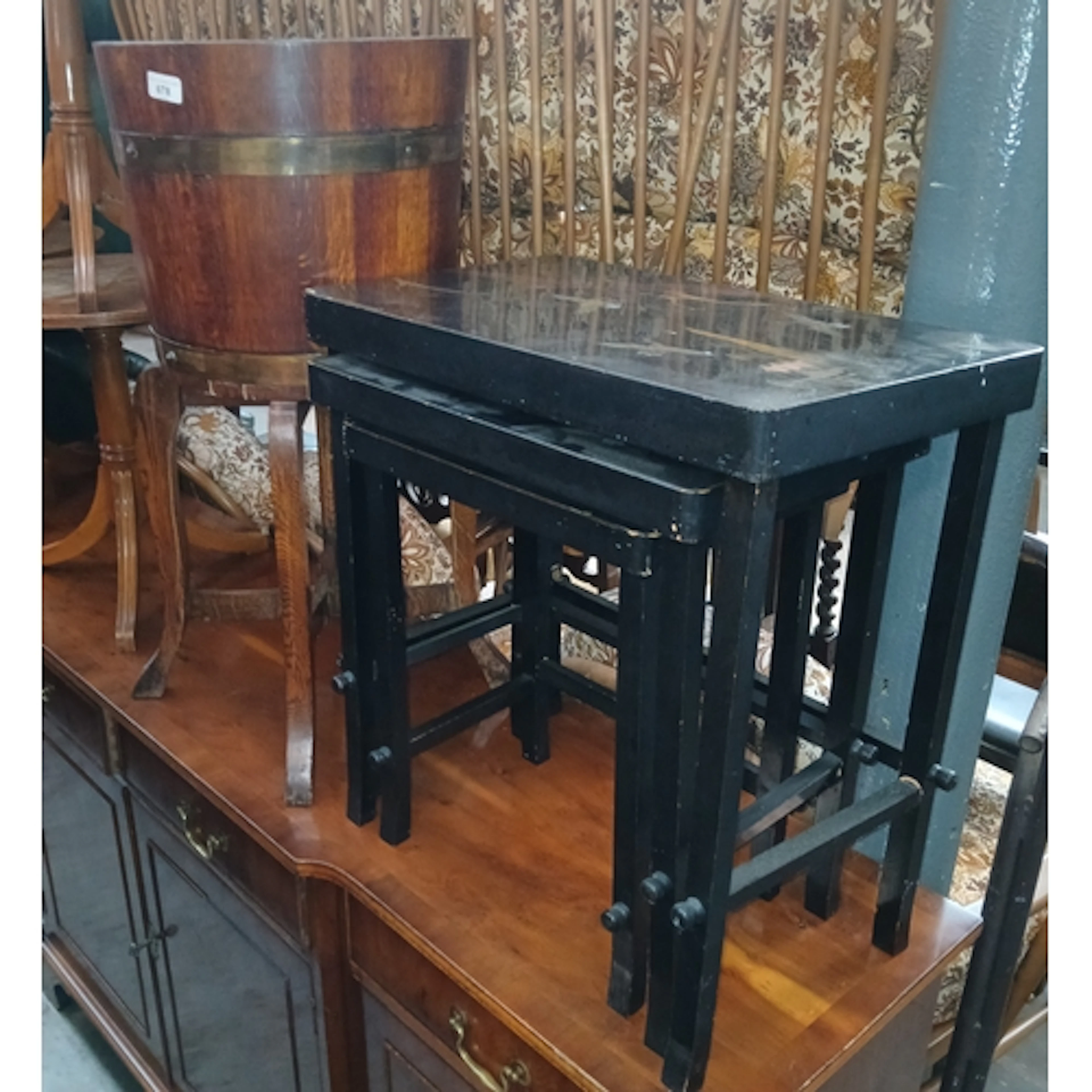 A brass bound oak jardiniere by Lister and a Japanned nest o...