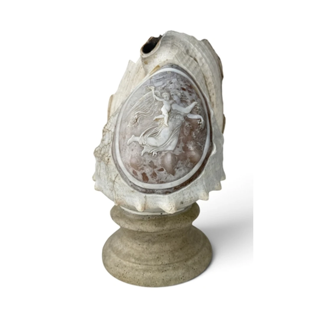 A VICTORIAN CARVED SHELL CAMEO 21cm H Mounted on a later Mo...