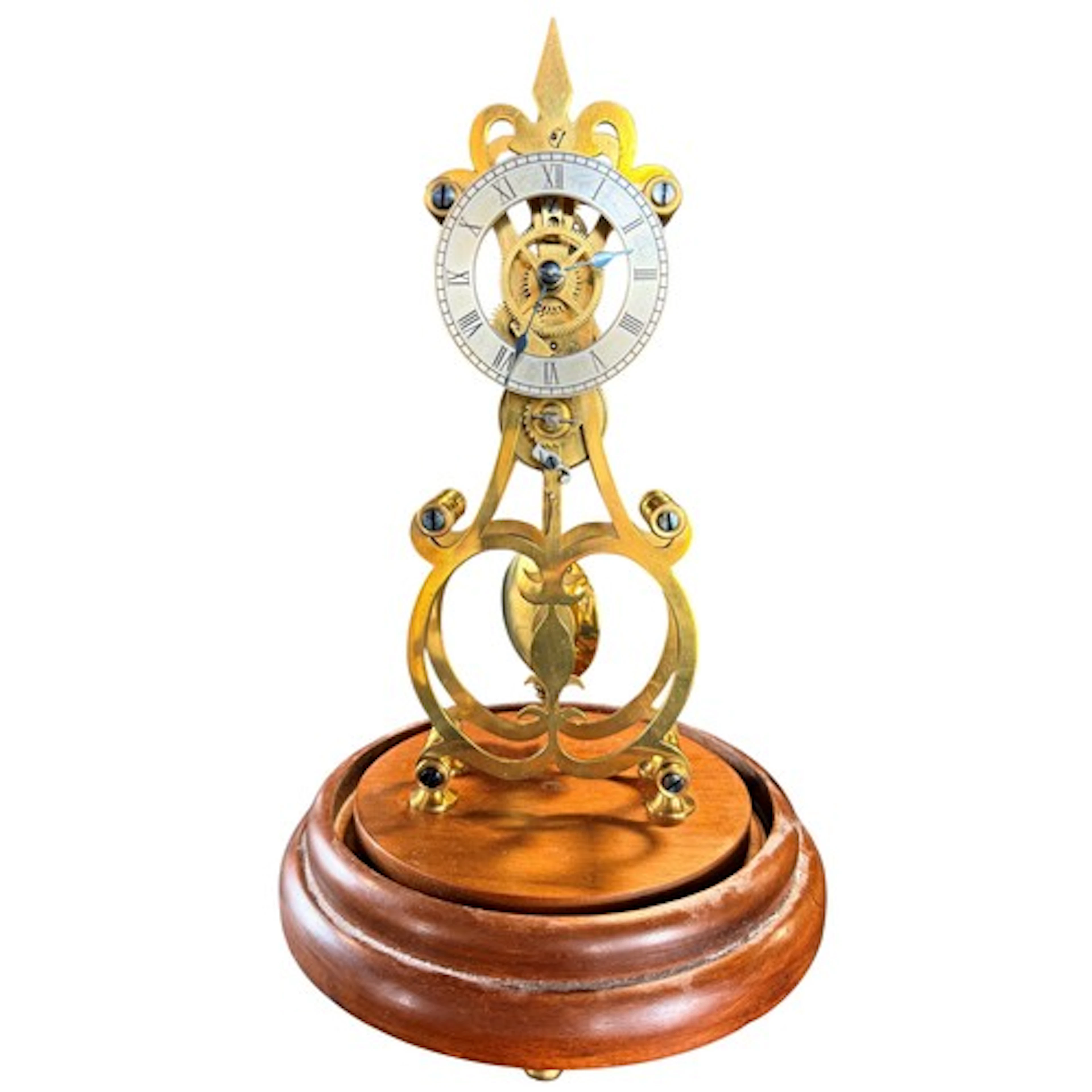 A small 20th century brass skeleton clock under glass dome, ...