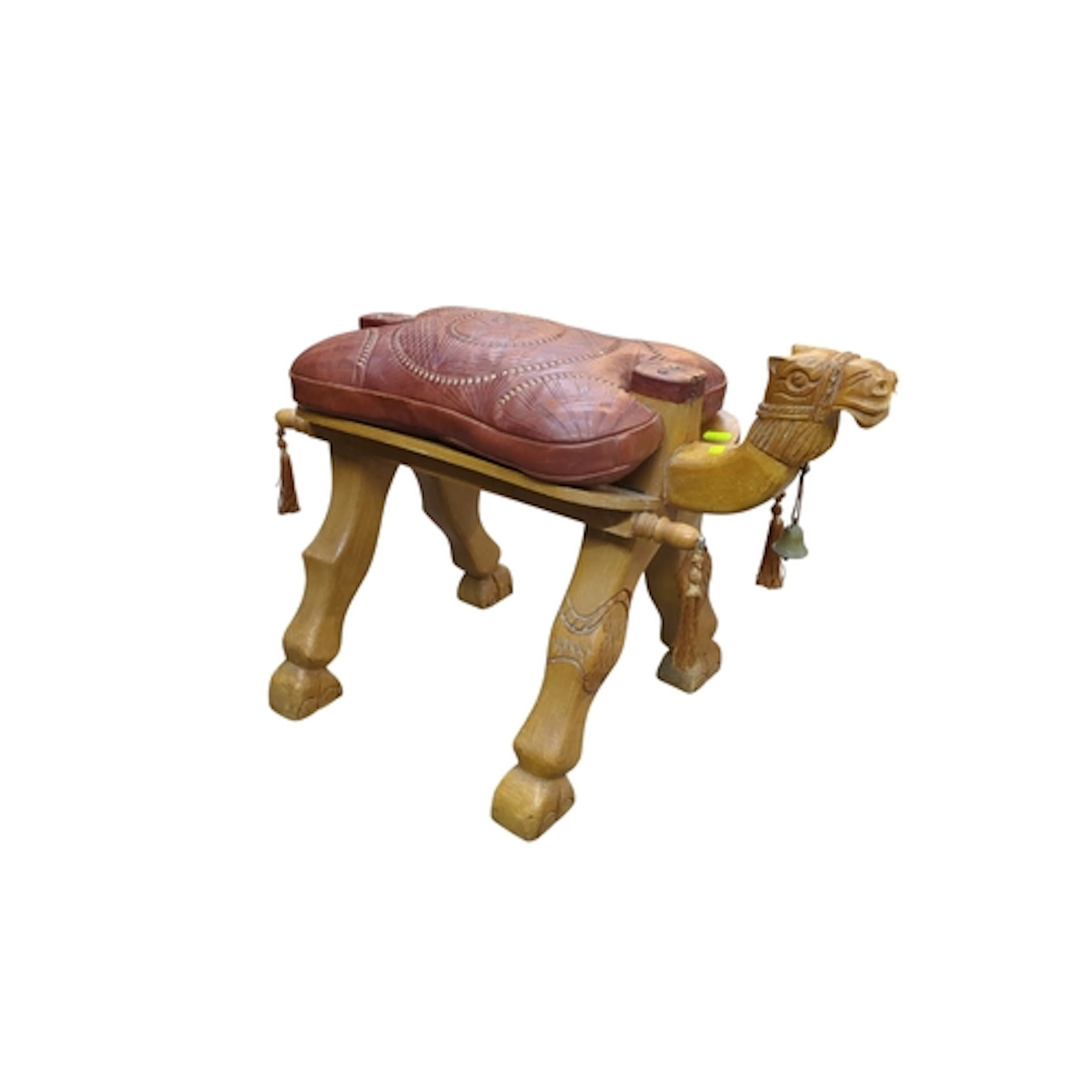Camel-form carved wooden saddle stool with a removable, tool...