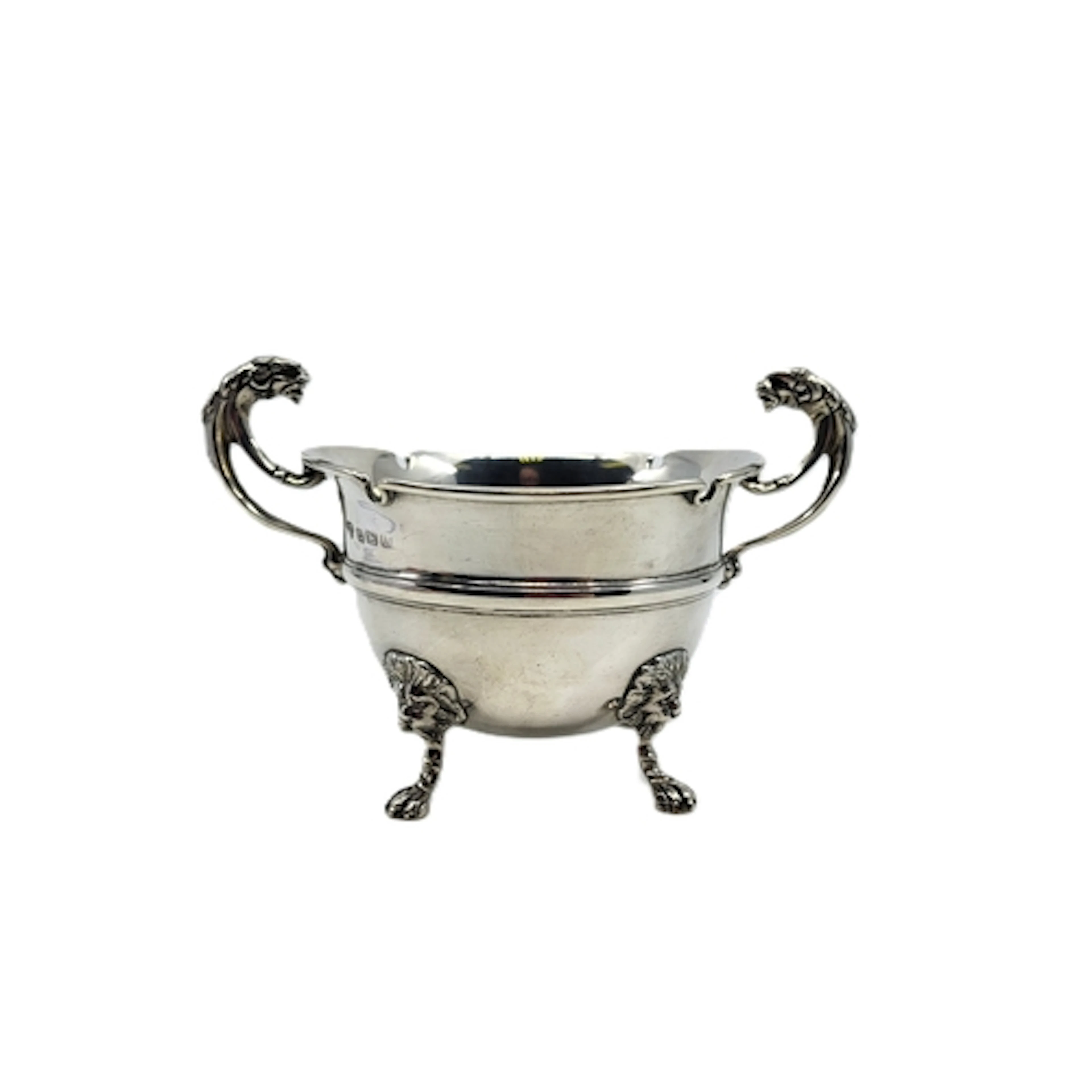 AN ANTIQUE GEORGE V STERLING SILVER TWIN HANDLED SUGAR BOWL,...