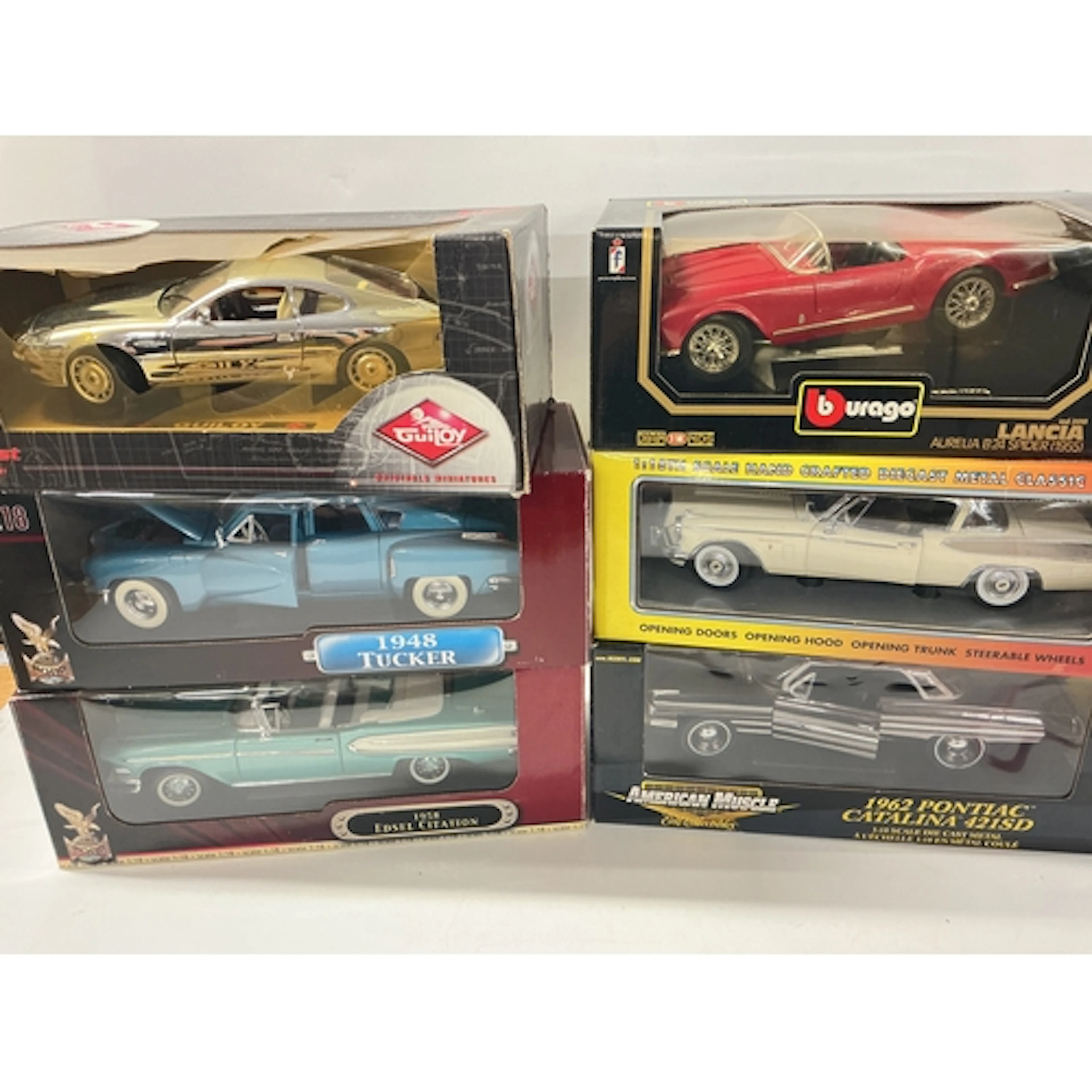6 Boxed 1/18 Scale Diecast Cars, including Burgo, American M...
