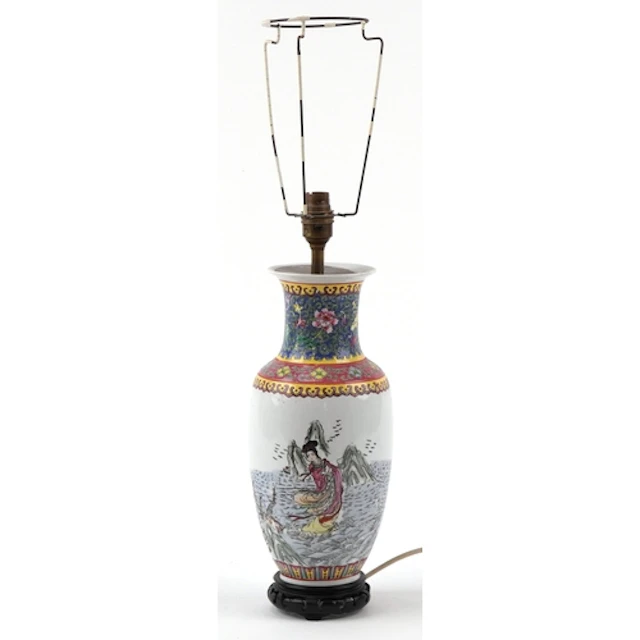 Chinese porcelain table lamp hand painted with a female at s...