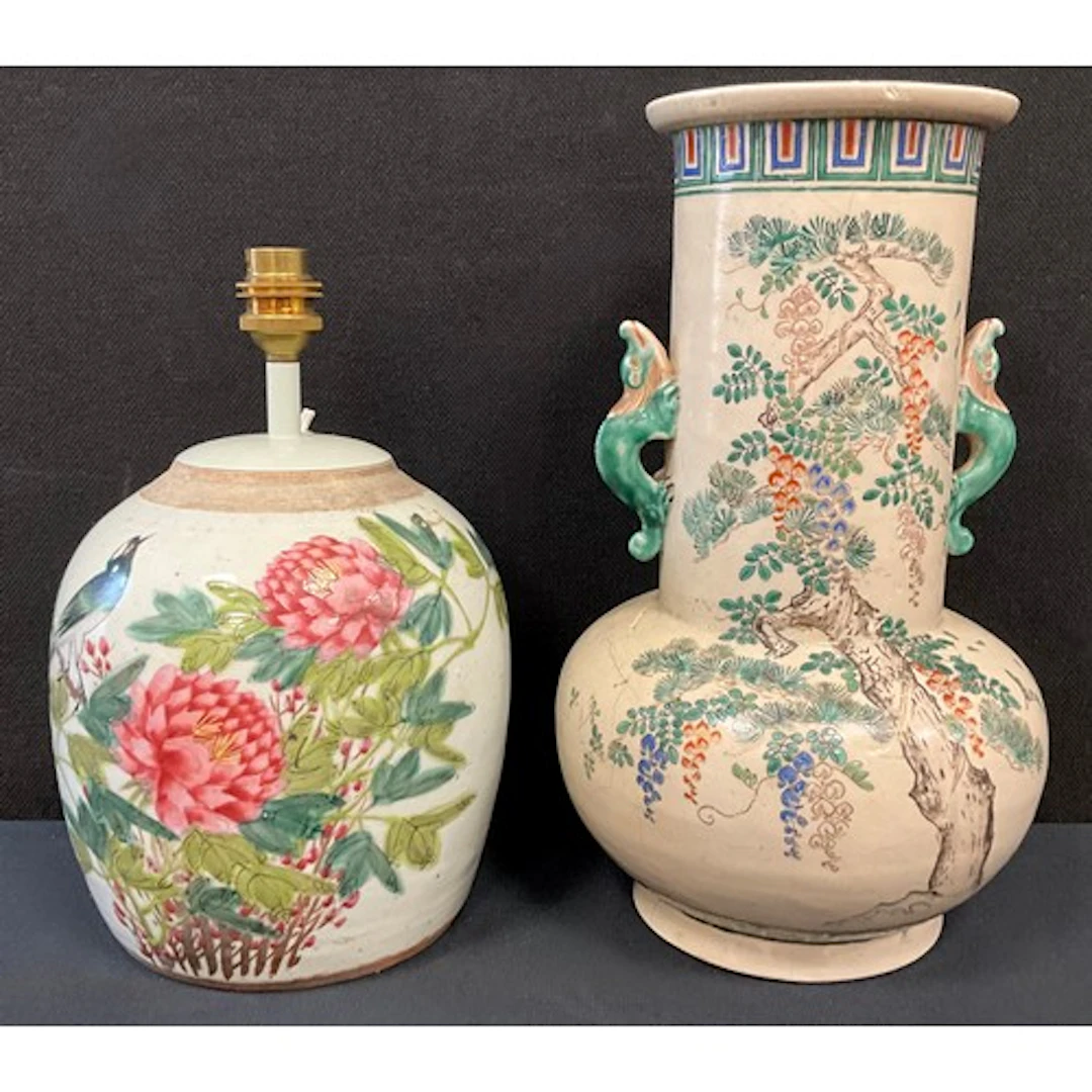 A Chinese porcelain table lamp, formerly a ginger jar, decor...