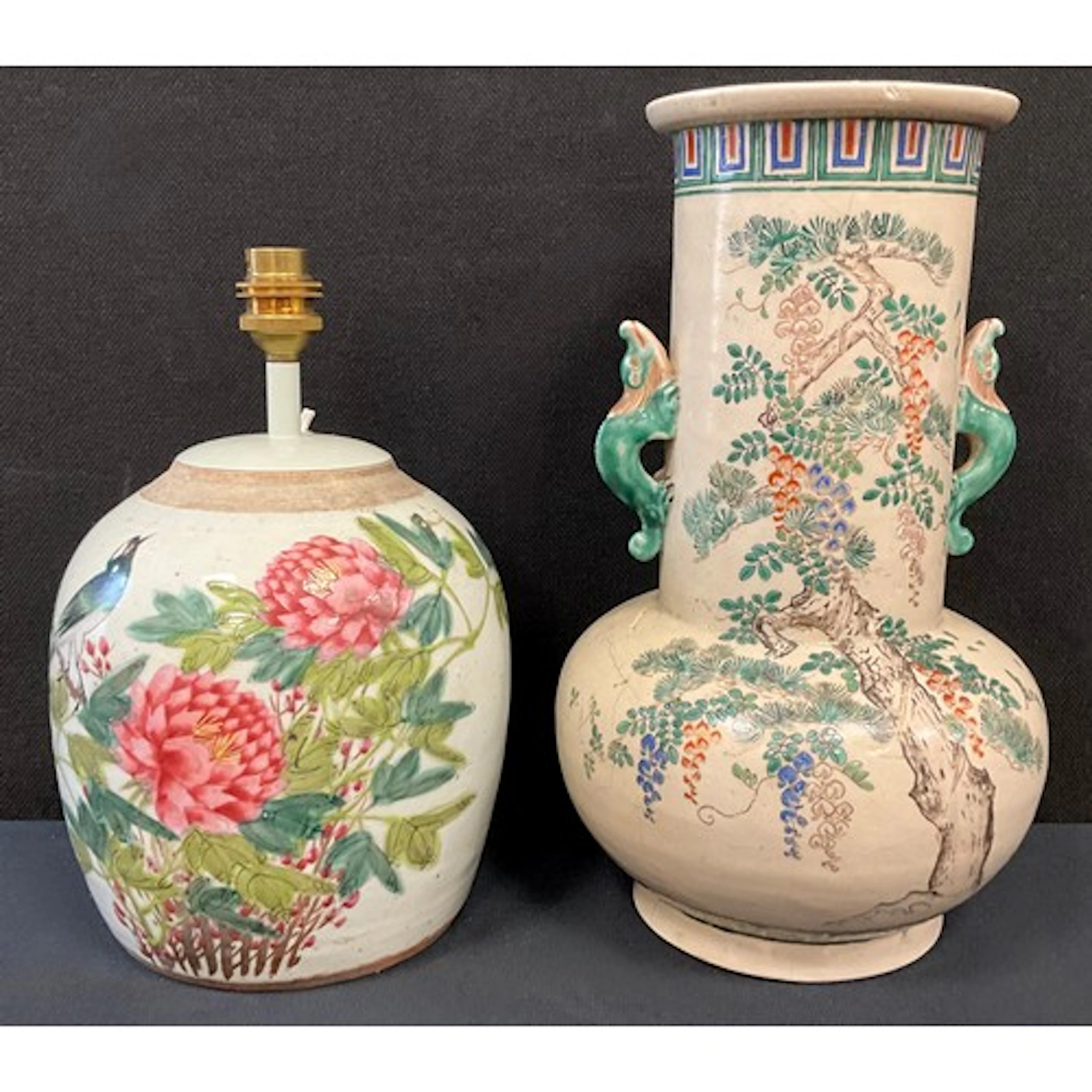 A Chinese porcelain table lamp, formerly a ginger jar, decor...