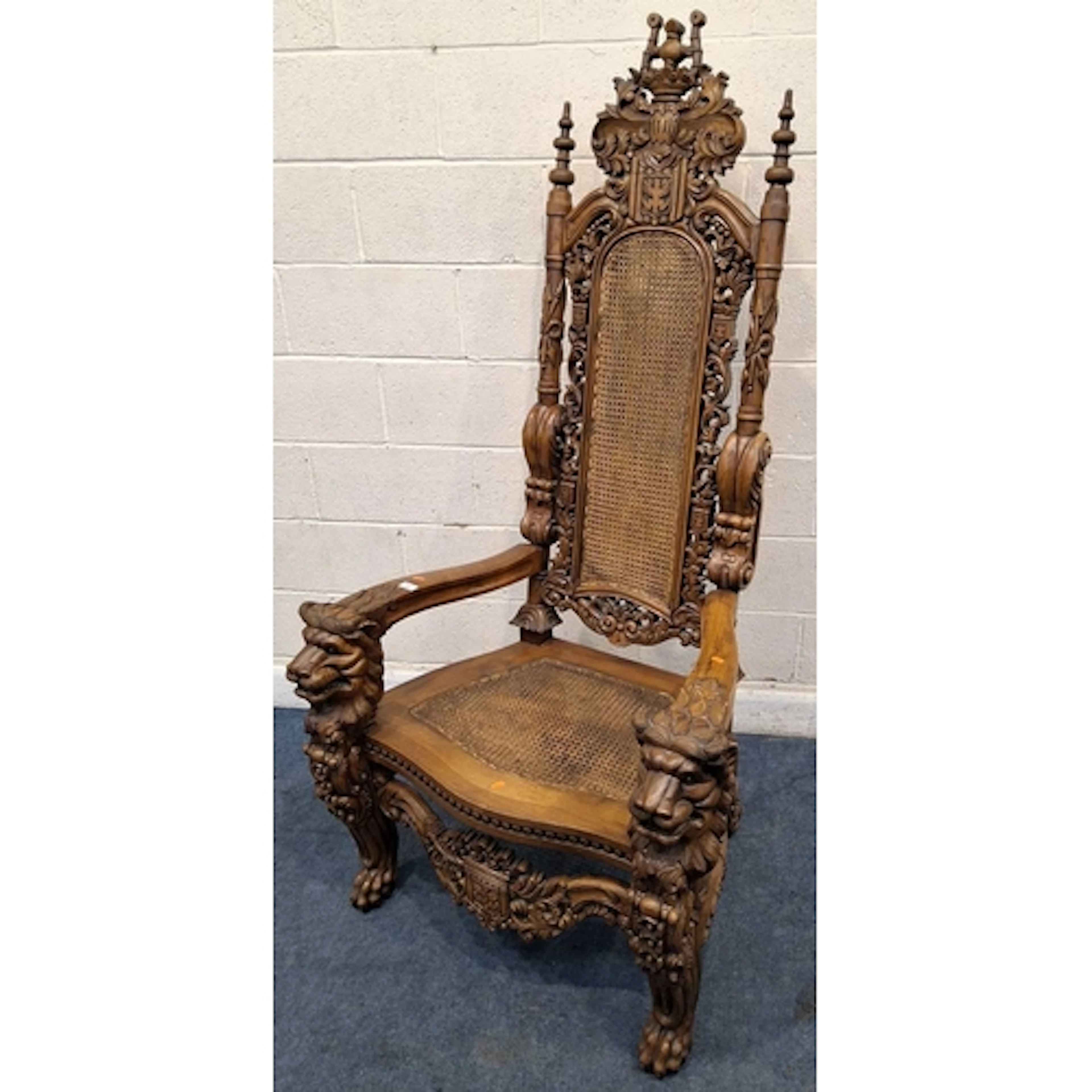 A REPRODUCTION HARDWOOD RENAISSANCE REVIVAL THRONE CHAIR, wi...