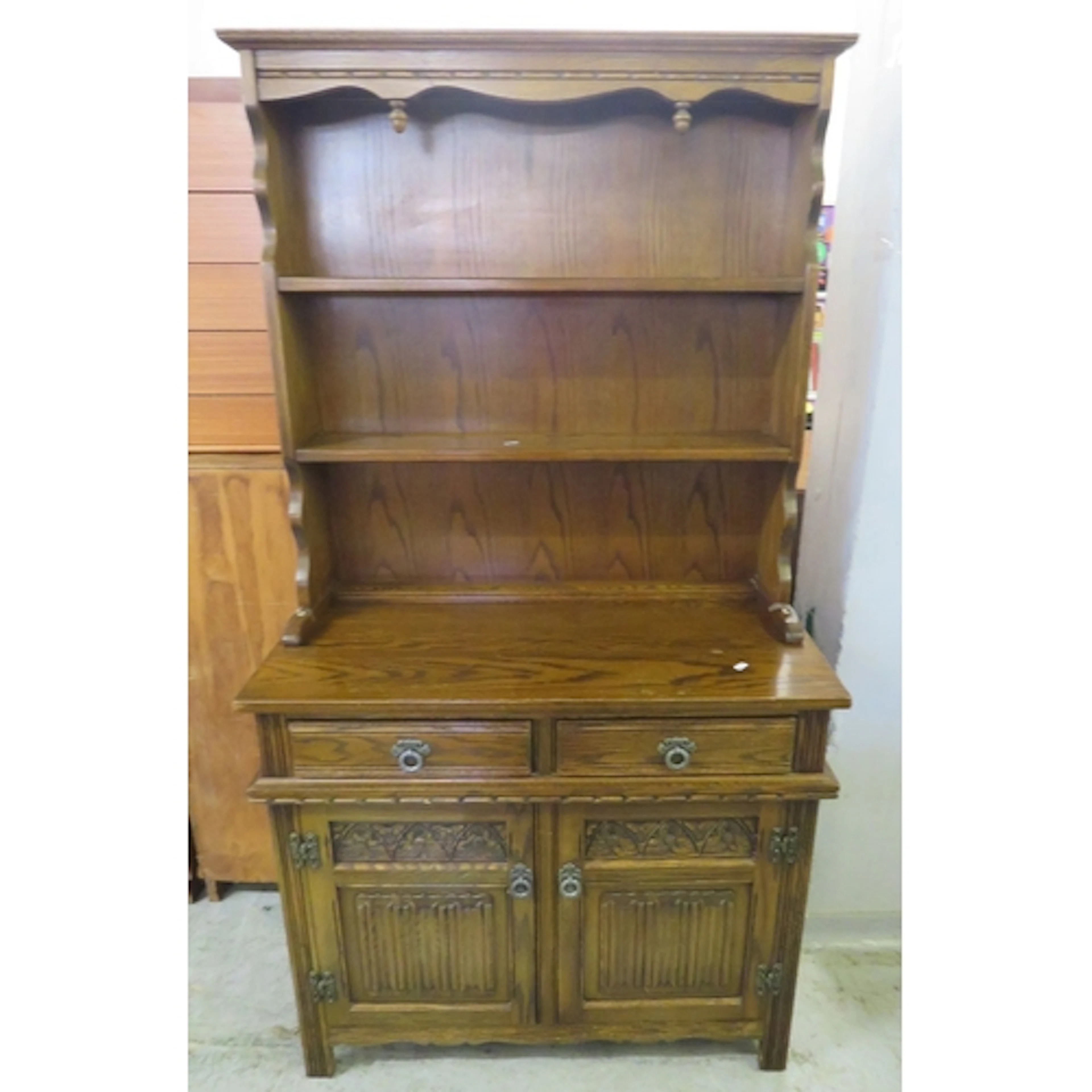 Vintage Oak Welsh Dresser with linen fold carved doors, with...
