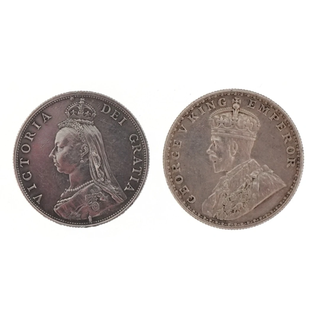 Queen Victoria 1887 silver florin and George V 1918 India on...