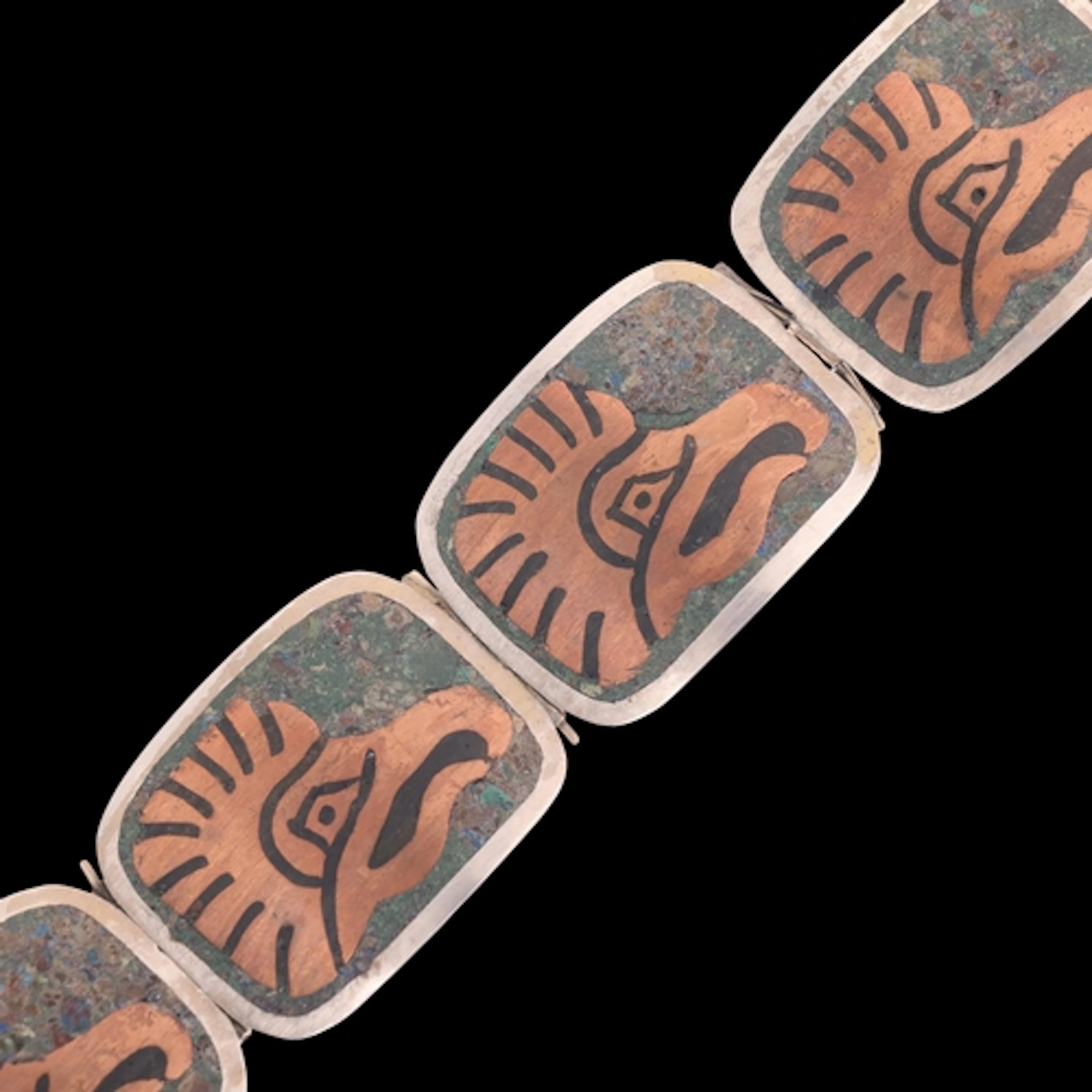 A Mexican modernist sterling silver copper Mayan panel brace...