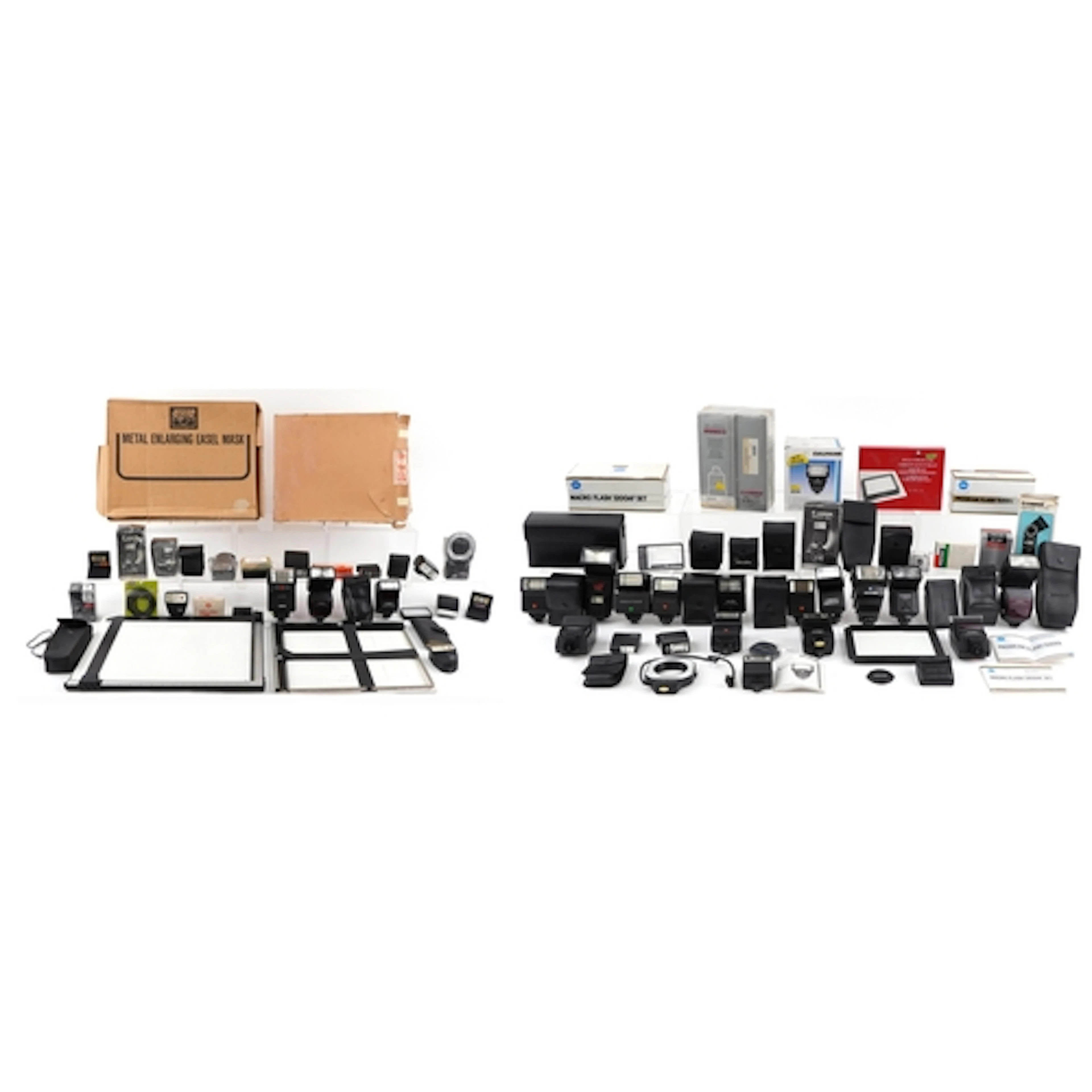 Large collection of vintage camera accessories including fla...