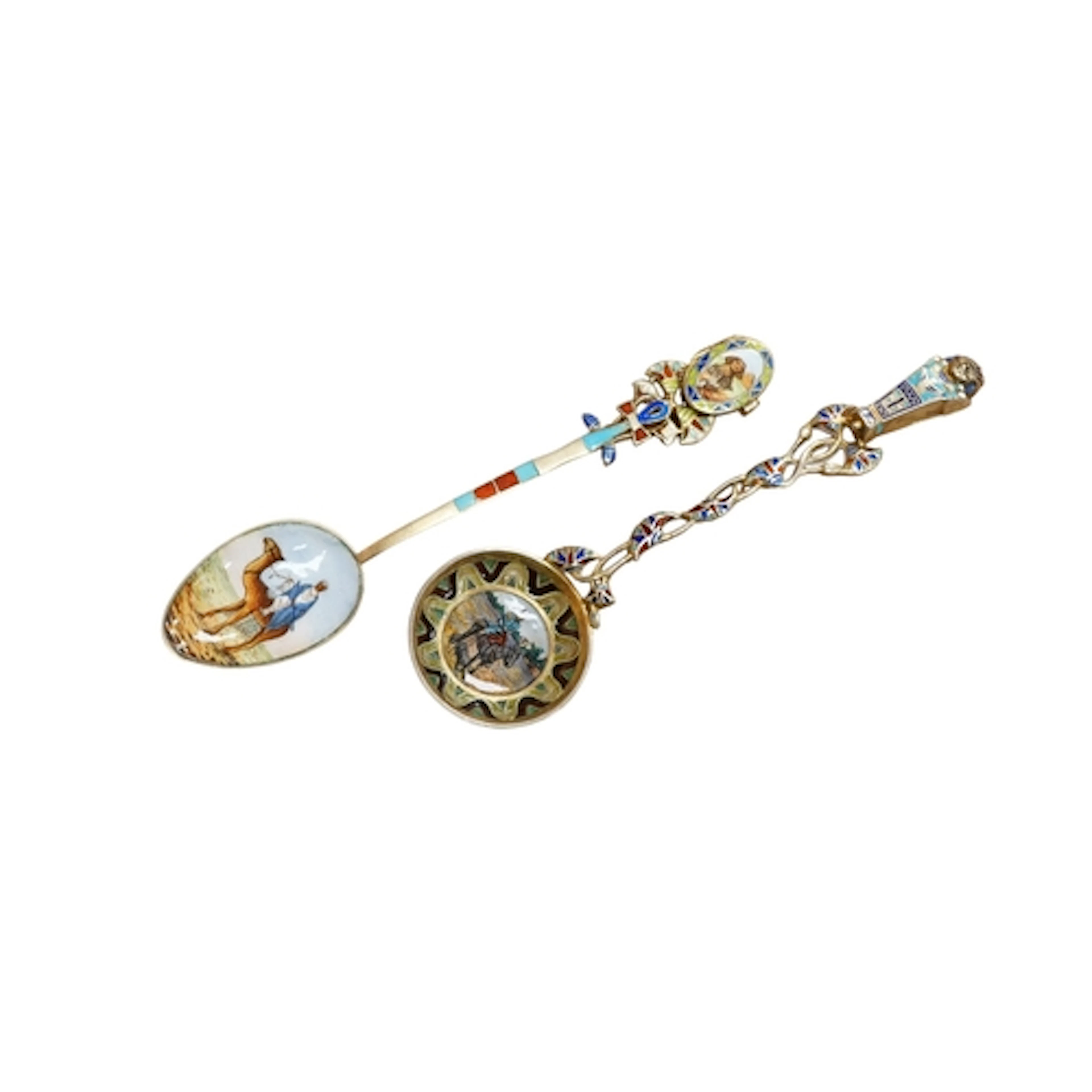 Two 800 standard and polychrome enamel Egypt souvenir spoons...