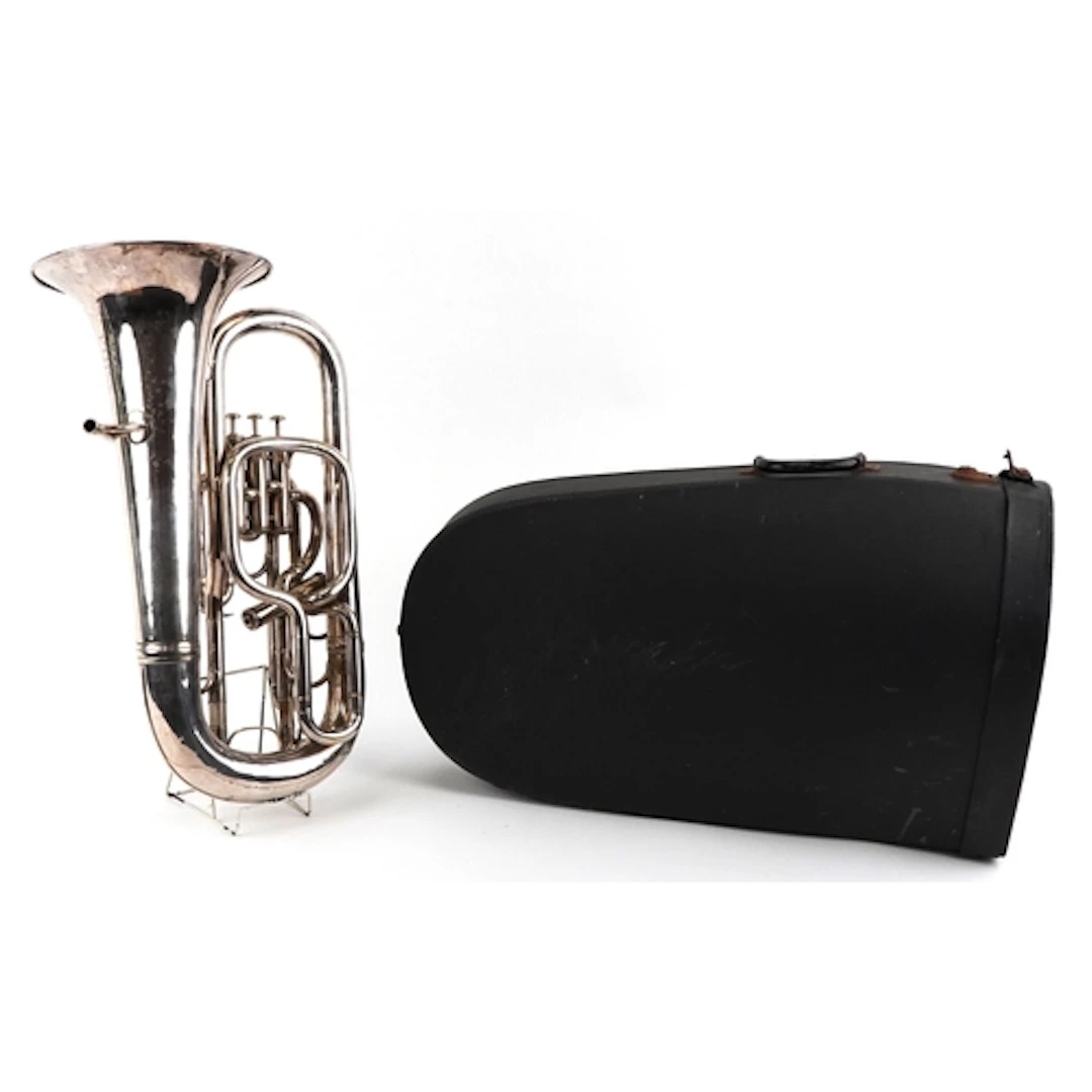 Hawkes & Son London, silver plated four-valve euphonium with...