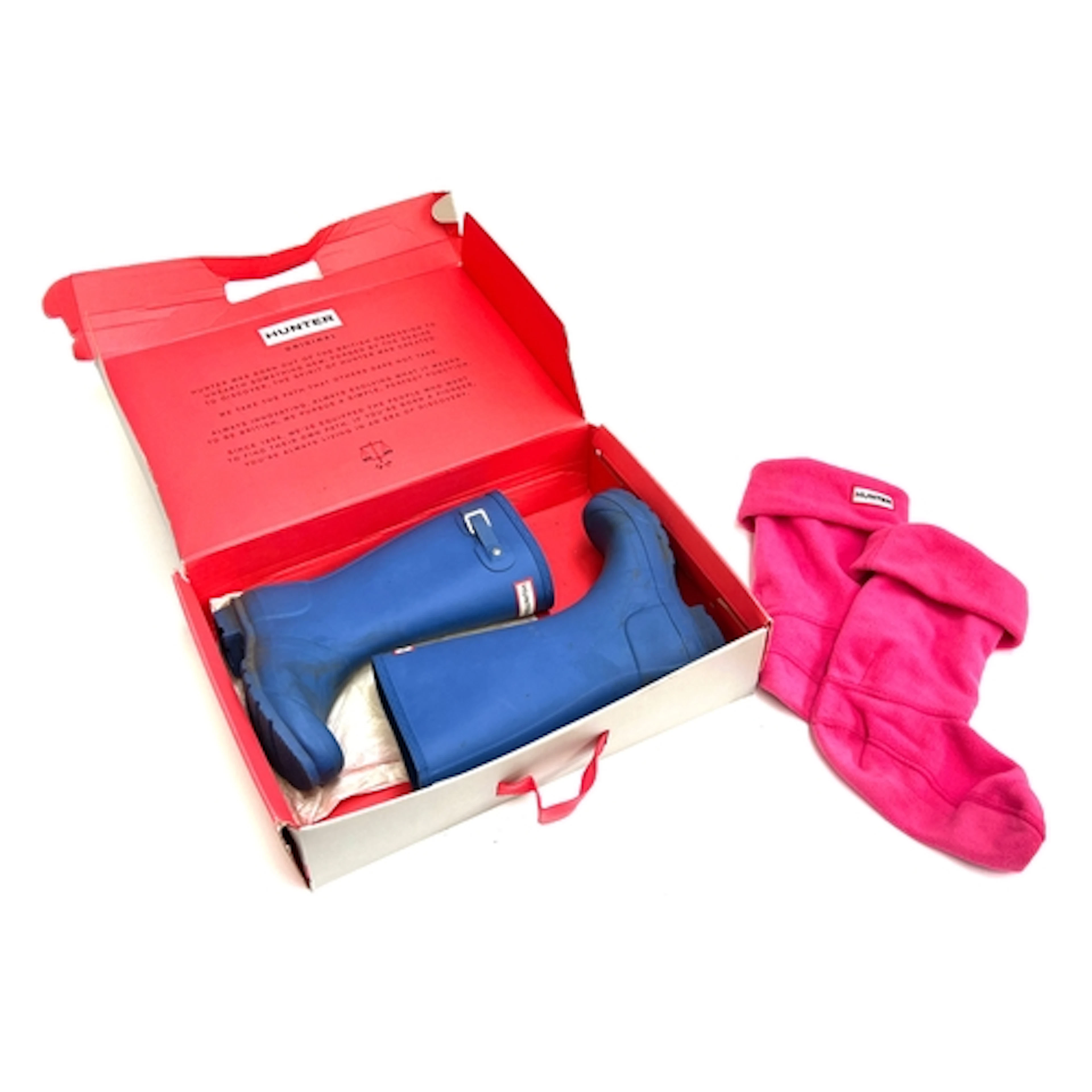A pair of blue Hunter wellies UK size 2, boxed; with bright ...