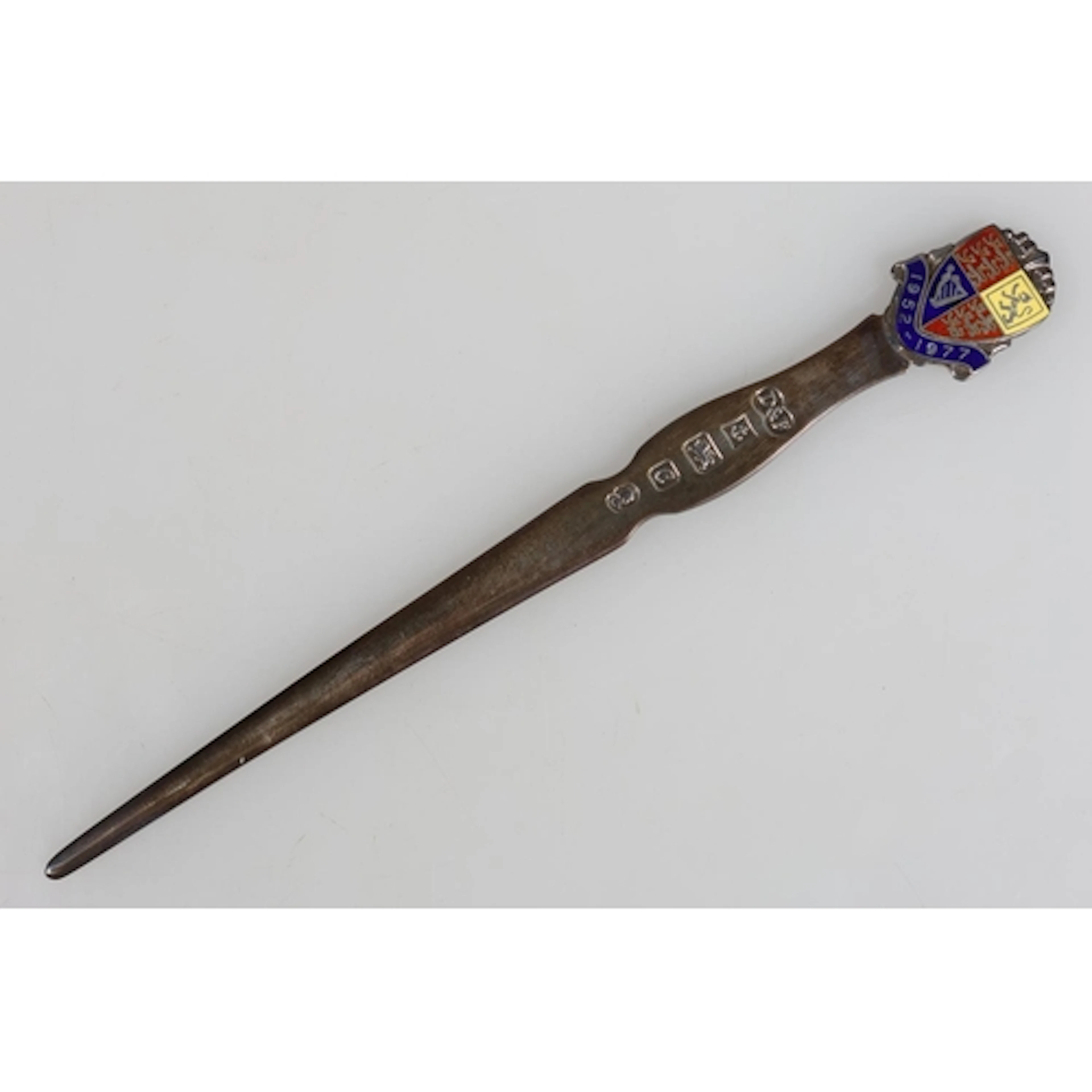 Silver and enamel paperknife commemorating the queens silver...