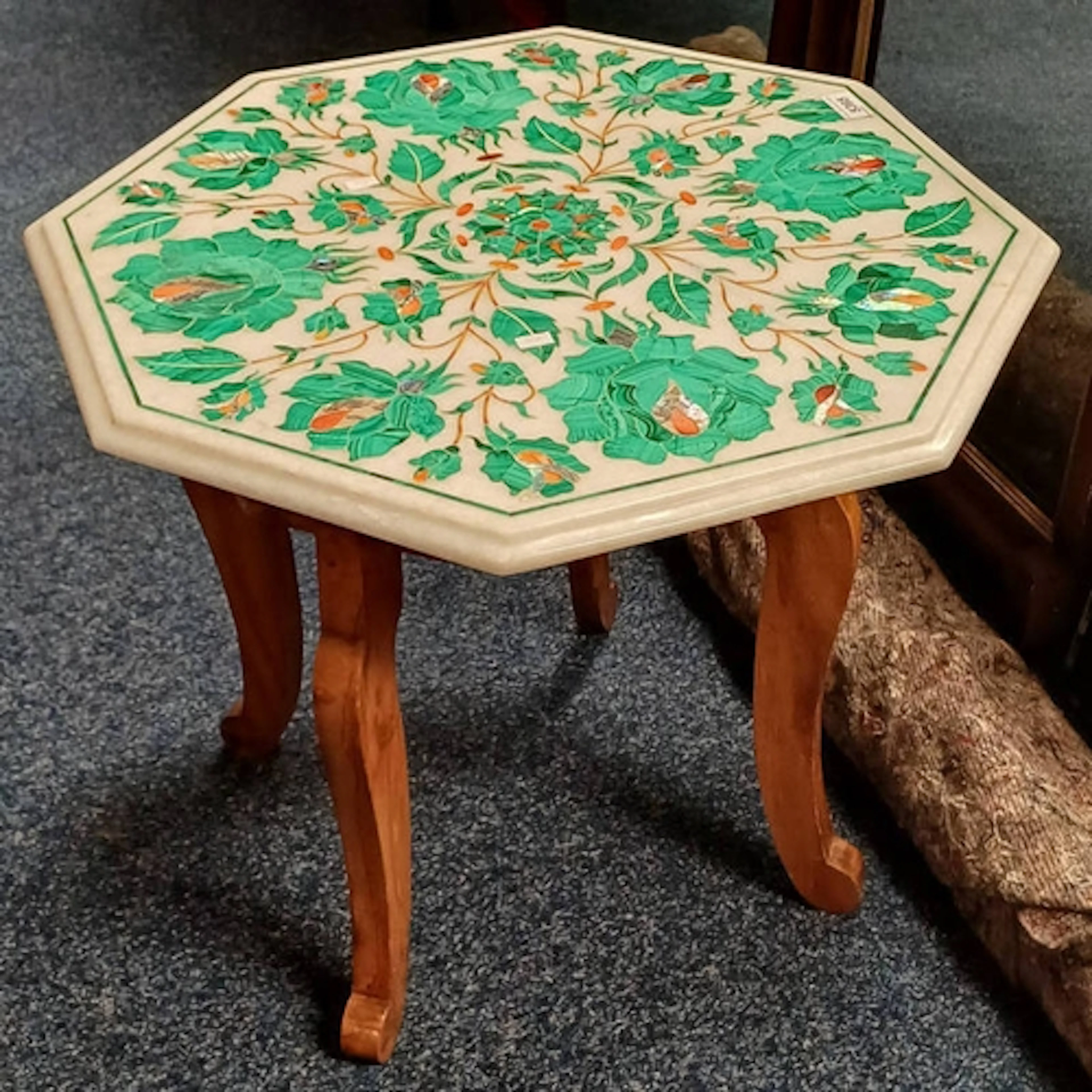 INDIAN STYLE MARBLE TOPPED OCTAGONAL TABLE WITH FLORAL MALAC...