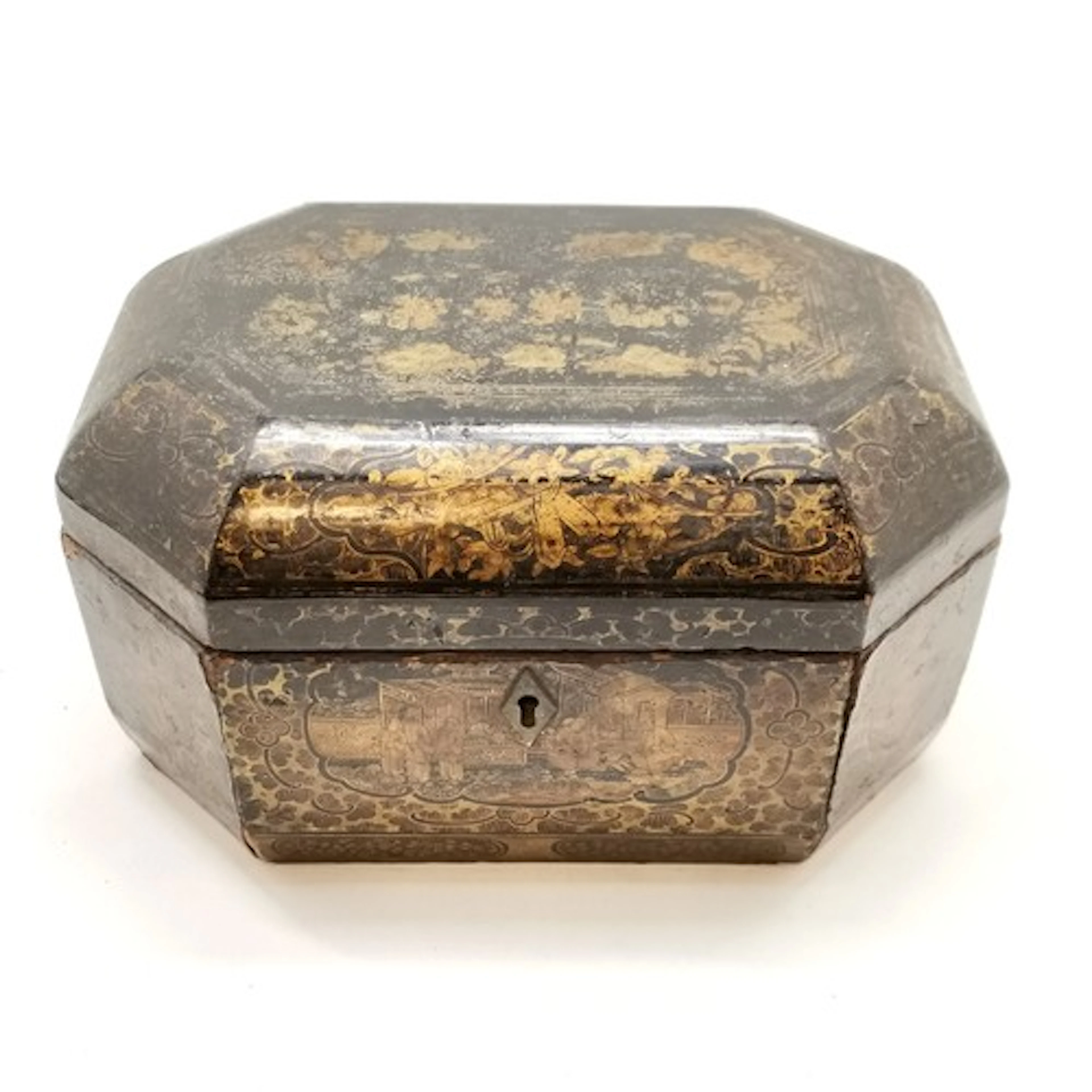 Antique Chinese lacquer tea caddy with pewter caddies with i...