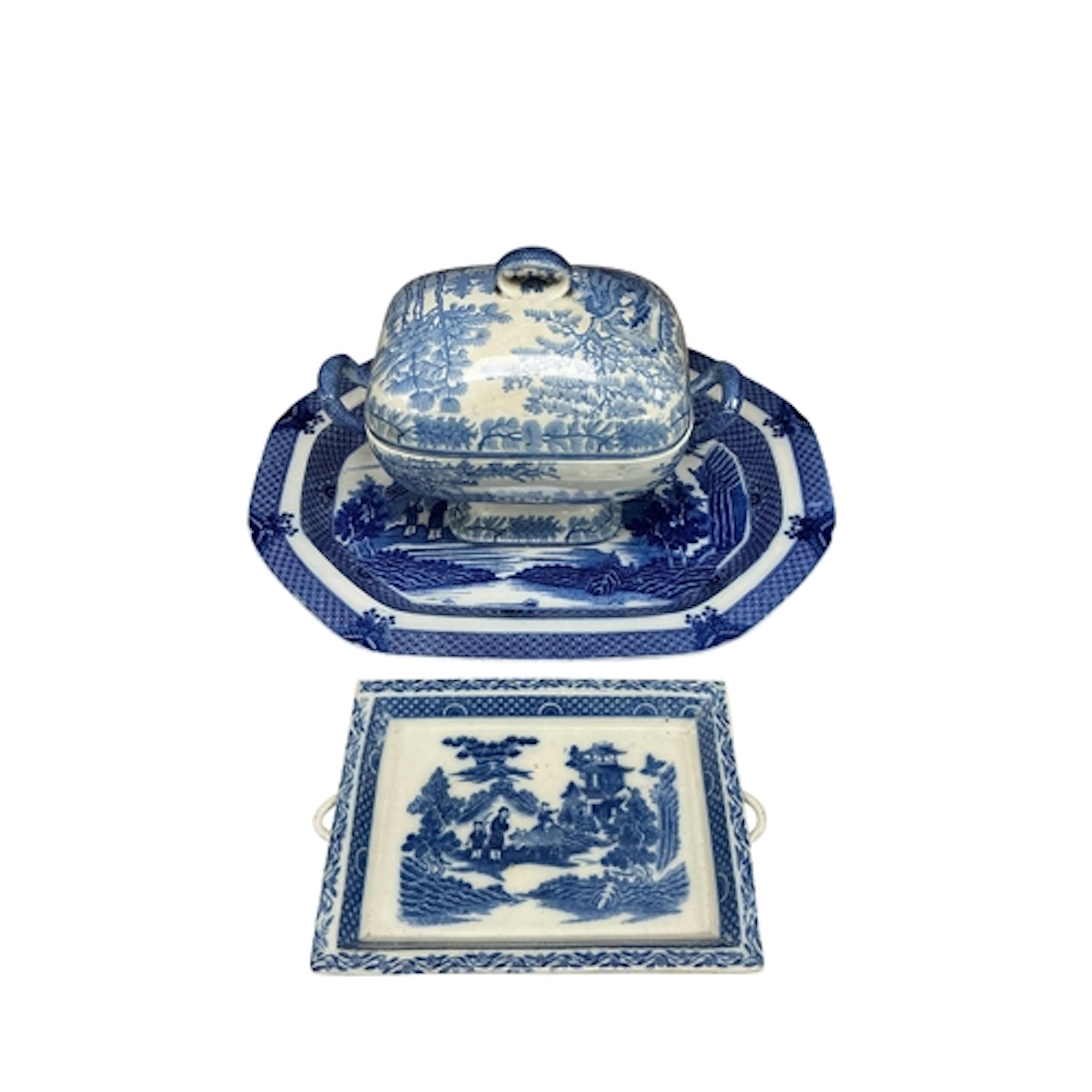Two Staffordshire pearlware blue and white shaped rectangula...
