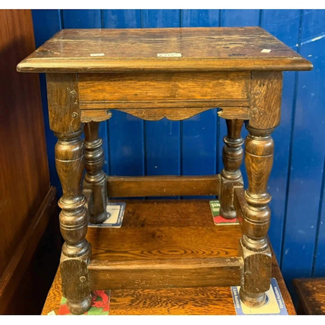 17th century style oak joint stool, having shaped frieze abo...