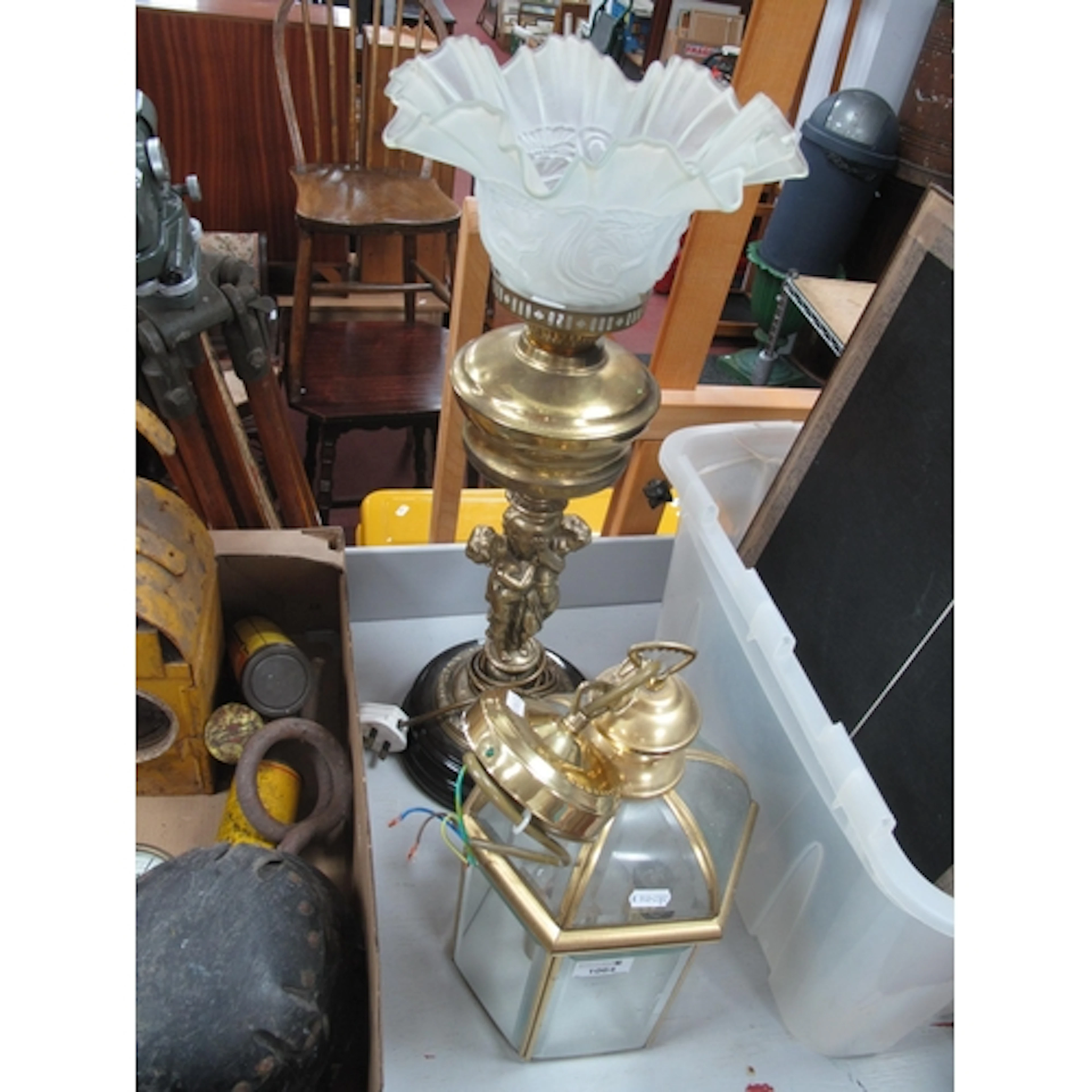 Brass table lamp and ceiling light fitting, including an ant...