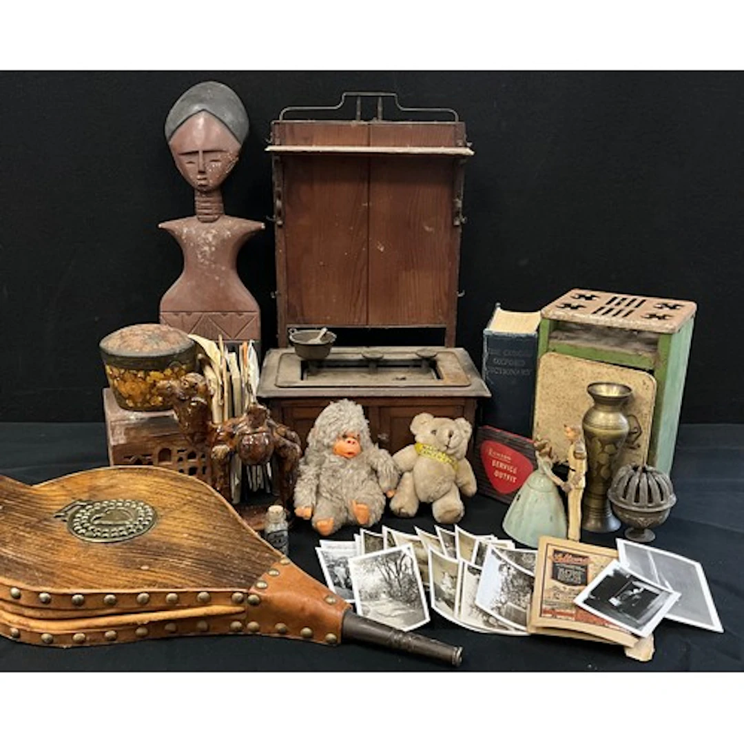 Boxes and objects - a miniature kitchen dresser; a Kashmir p...
