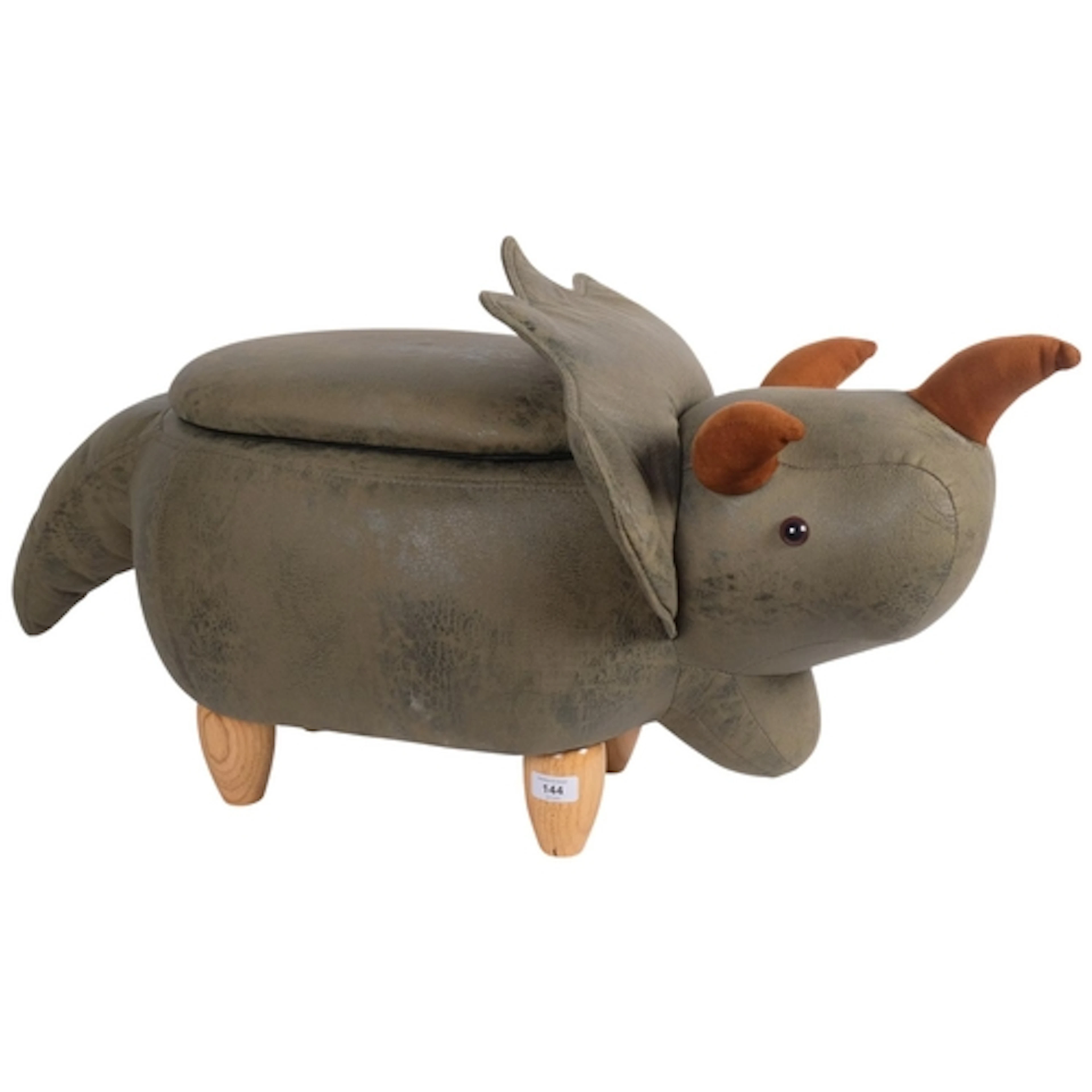 A fabric upholstered triceratops storage footstool, on turne...
