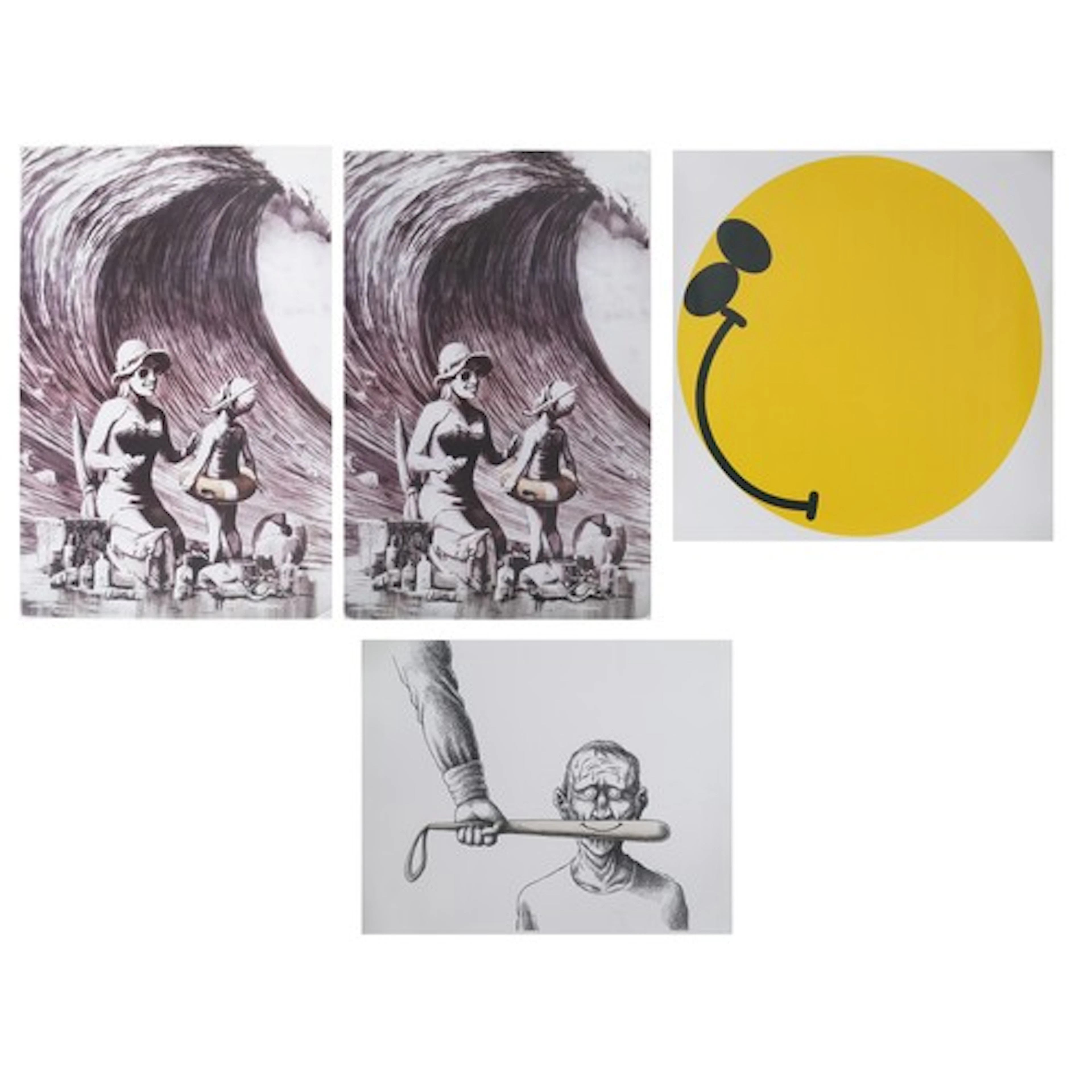 After Banksy - Dismaland, four modern colour posters, unfram...