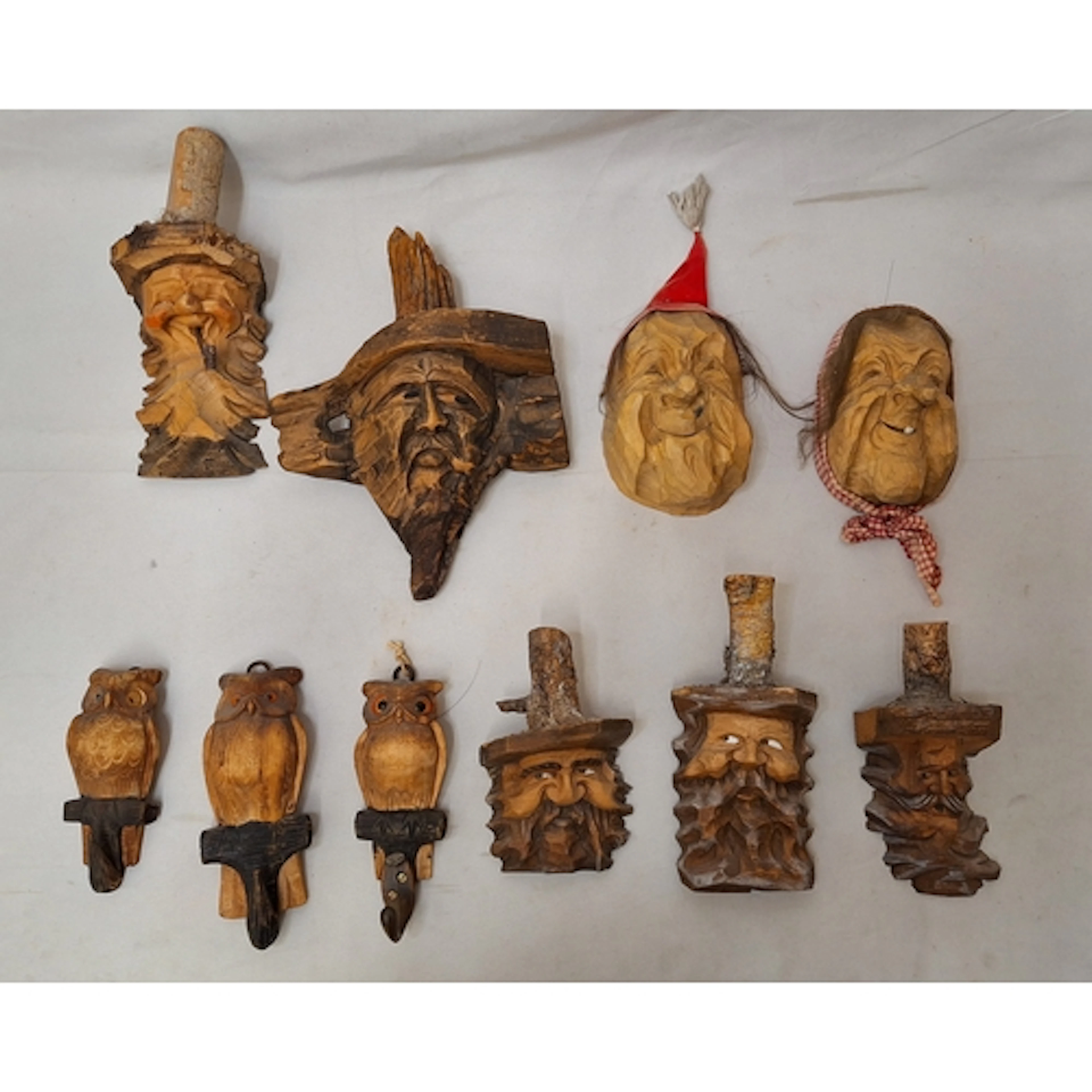 Vintage Alpine Folk Art Style Hand Carved Wall Masks & 3 Owl...