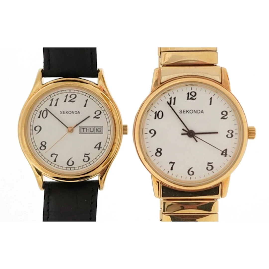 Sekonda, two gentlemen's quartz wristwatches, one with day/d...